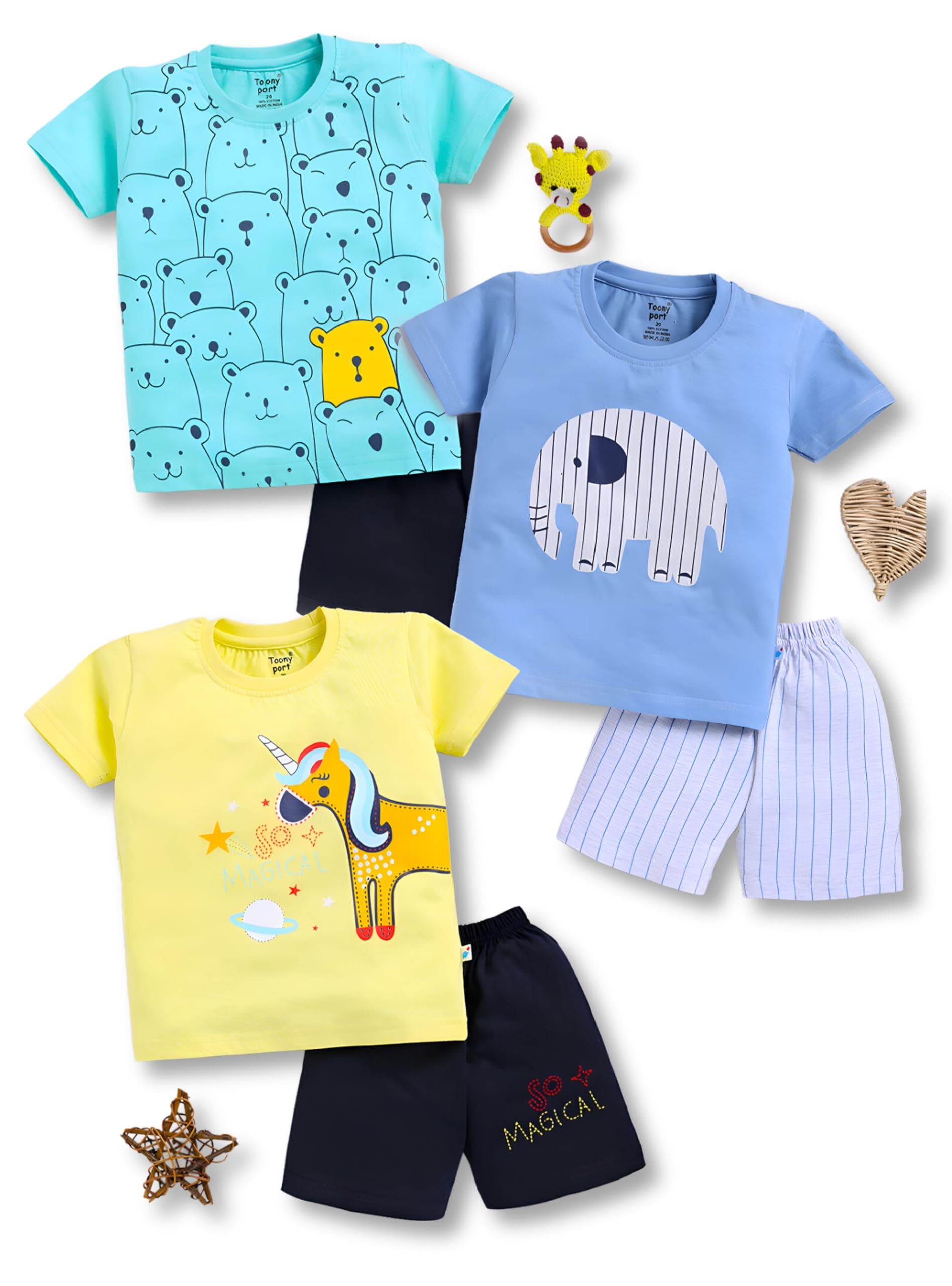 Toonyport Cotton Boys Summer 3 Pack Of Printed T-Shirts And Shorts Combo Set (Multicolor) (6 Months - 12 Months, Multicolor)