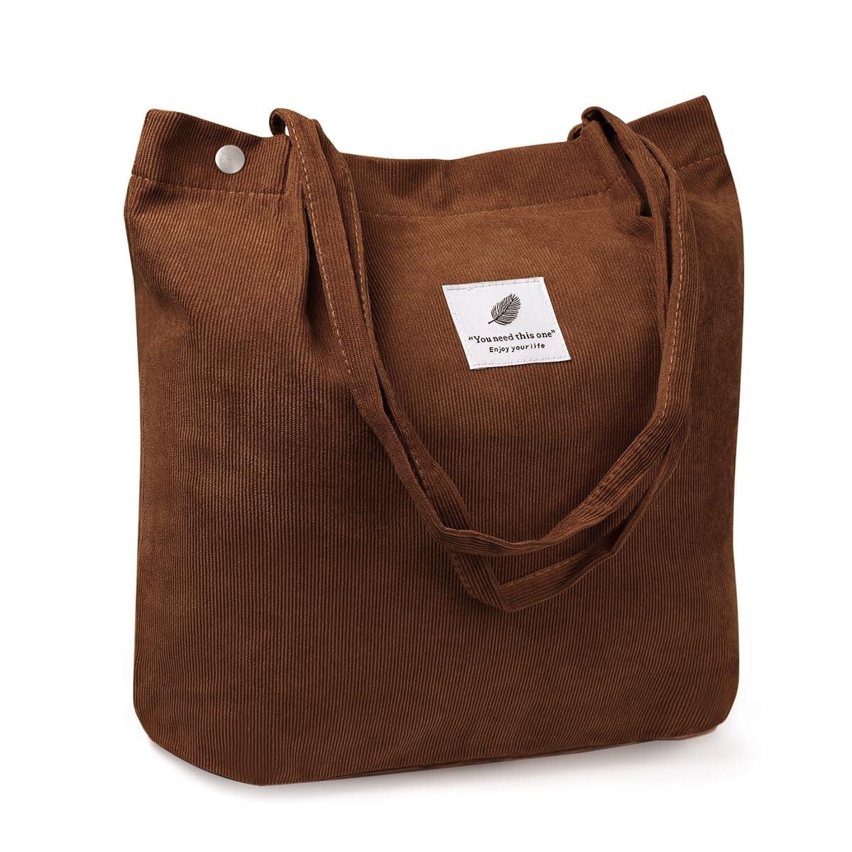 PALAY Tote Bag for Women Large Corduroy Shoulder Handbag Shopping Brown
