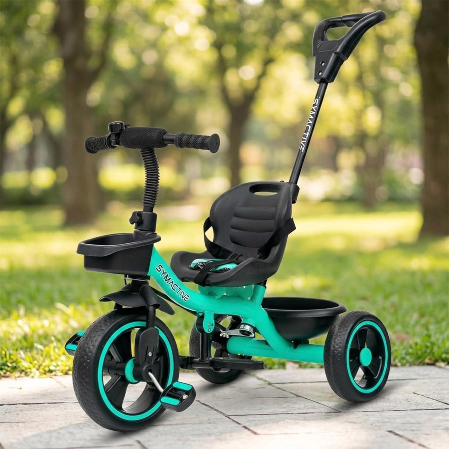 Amazon Brand - Symactive Tricycle for Kids | Plug N Play | Baby Cycle with Parental Control, Eva Wheels, Bell, Seat, Belt & Basket | Kids Tricycle | 2+ Years Unisex | Weight Limit 25 Kgs (Ice Blue)