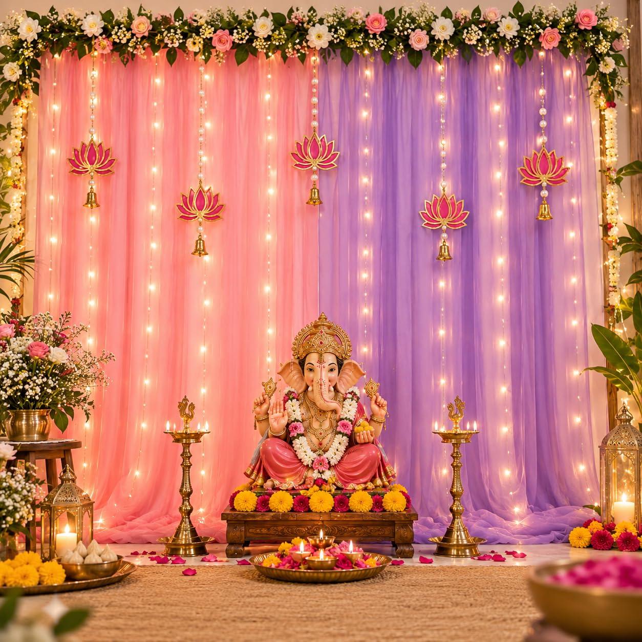 Shimmers Ganpati Decoration Kit Set of 8 | Pink & Purple Curtain Backdrop with 3 Lotus Hanging Decorations, Warm & 2 Hooks | Ganesh Chaturthi Pooja Mandir, Wedding,Birthday, Home Decor