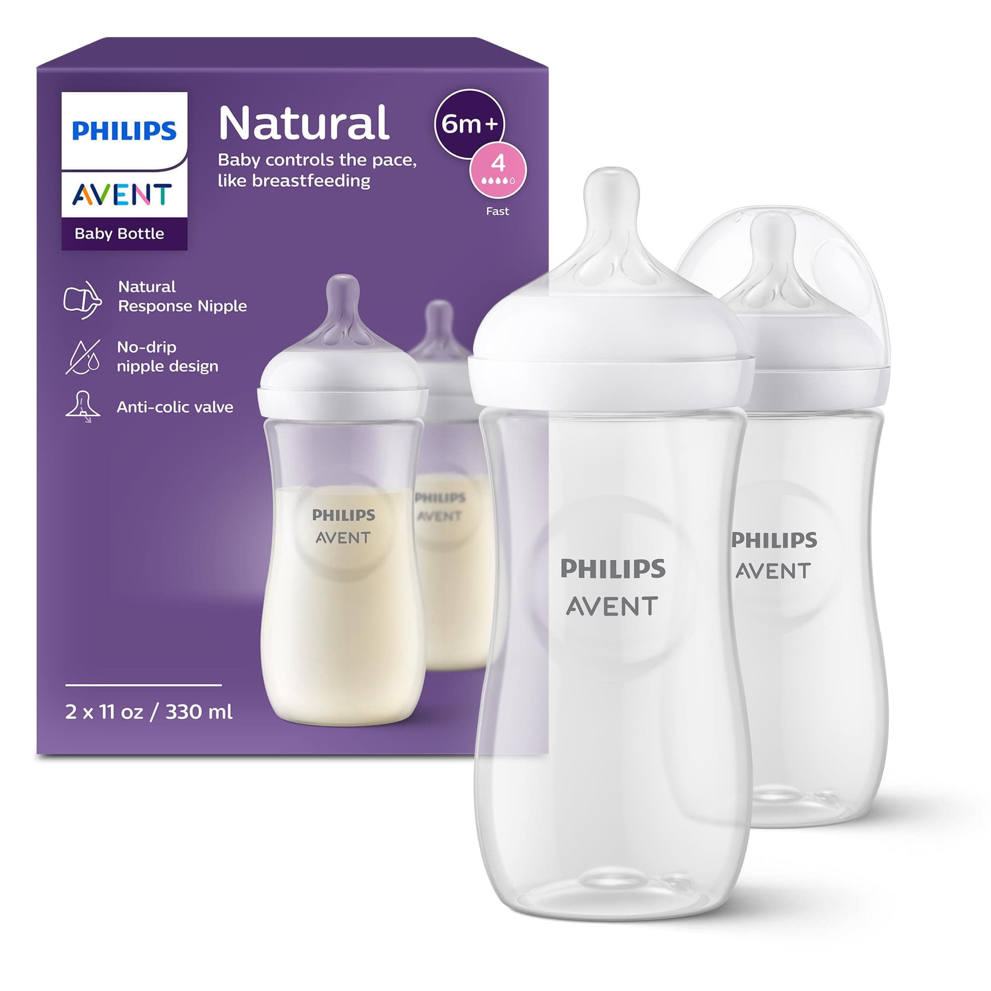 Philips Avent Natural Response Plastic Baby Bottle - 330Ml Pack of 2 |Baby Milk Bottle |Bpa Free for Babies with 3M+ Teat (SCY906/02)