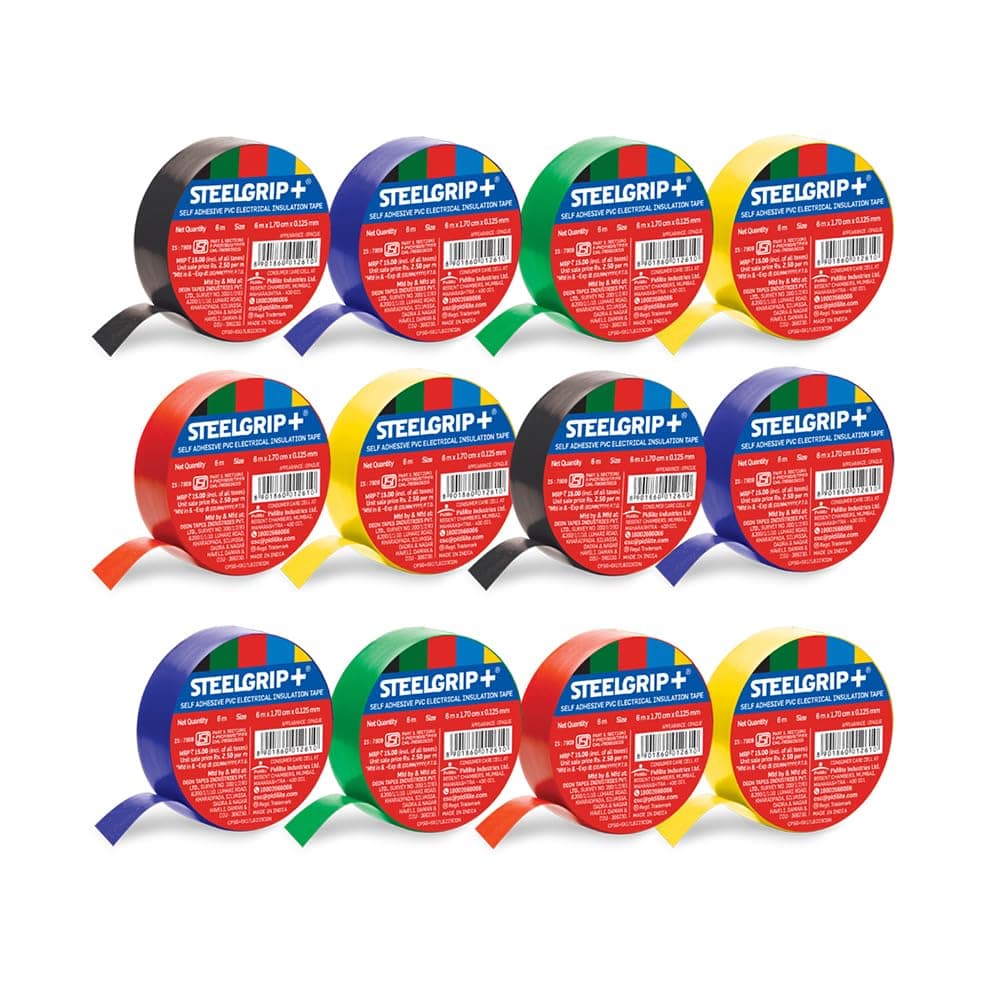 Pidilite Steelgrip Self Adhesive PVC electrical Insulation Tape - 6m,Pack of 12