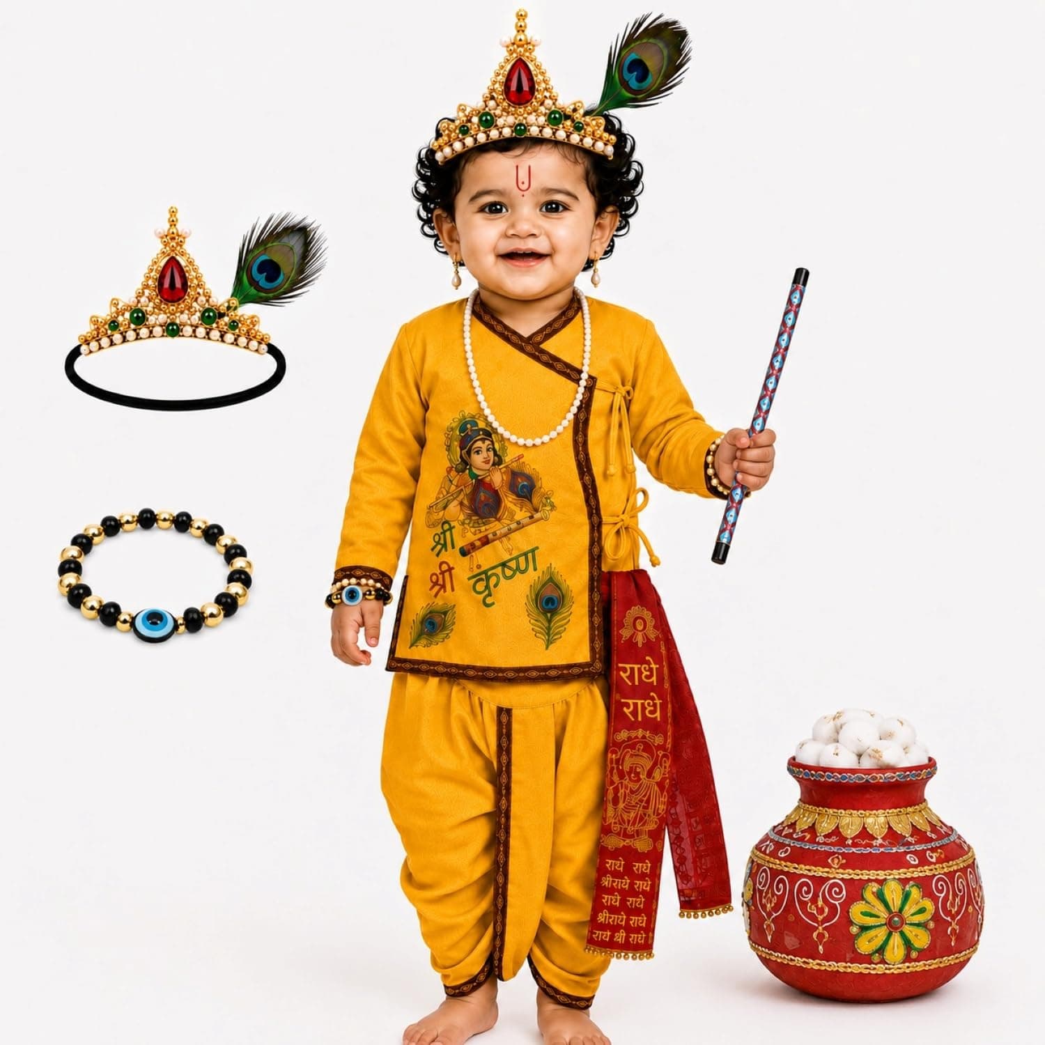 Raj Costume Krishna Fancy Dress Costume for Kids, Shri Krishna Dress for Baby Boy and Girl, Bal Krishna Costume, Janmashtami Dress