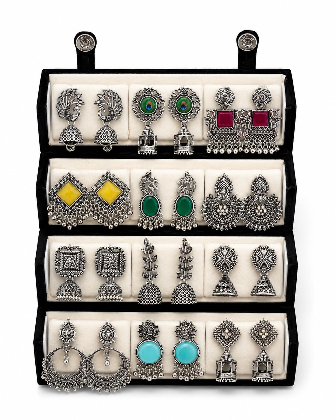 Shining Diva Fashion 12 Pairs Oxidised Silver Earrings Set for Women with Jewellery Organisers Foldable Organizer Box | Traditional Afghani Latest Stylish Jhumka Earring Gifts for Girls (17480er_BOX1025)