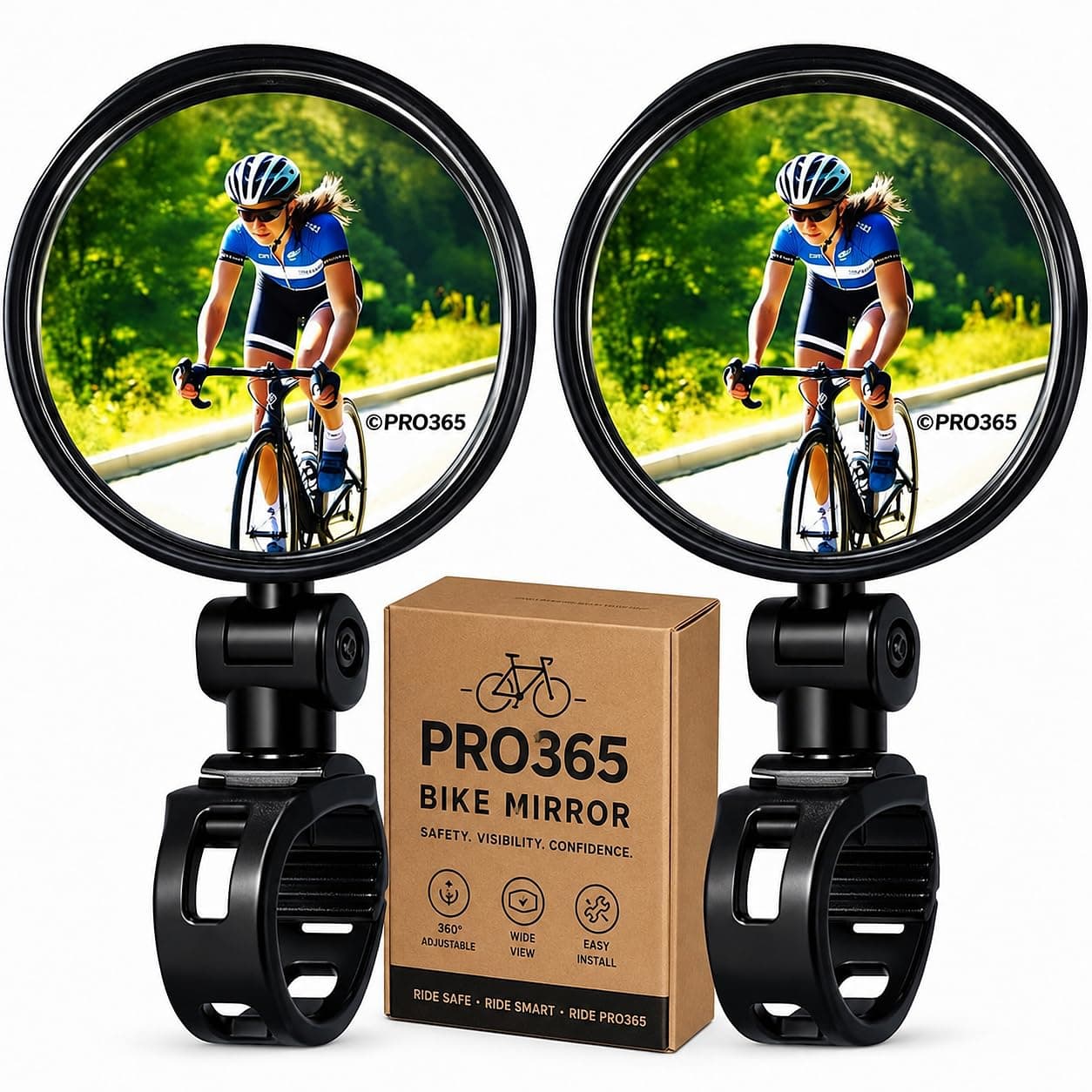 PRO365 Premium Bicycle Rear View Mirror Set (2 Pack) | 360° Adjustable HD Convex Mirrors | Extra Wide Rear Vision for Safer Cycling | Heavy-Duty Protective Mold Body | 1 Year Warranty