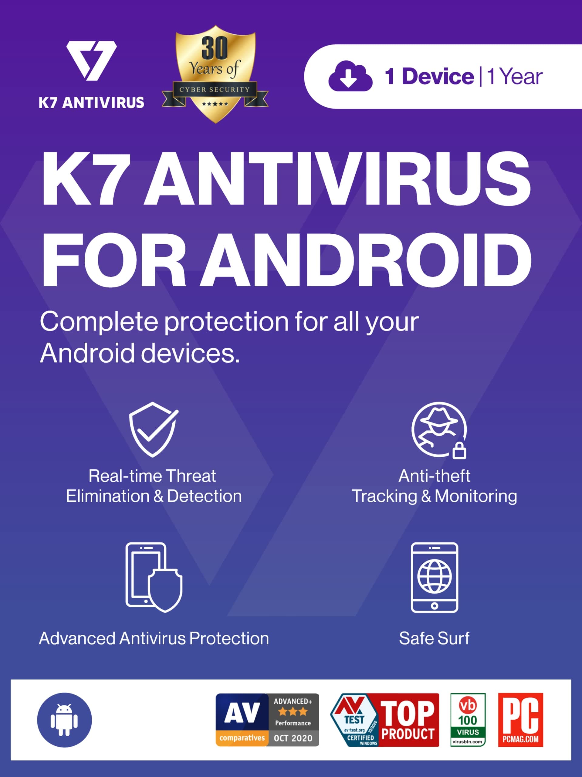 K7 MobiTrack Mobile Security for Android Mobile Antivirus 2026 | 1 User, 1 Year| Antivirus,Theft Alarm,Mobile Tracking,Safe surfing| 2hr Email Delivery-No CD
