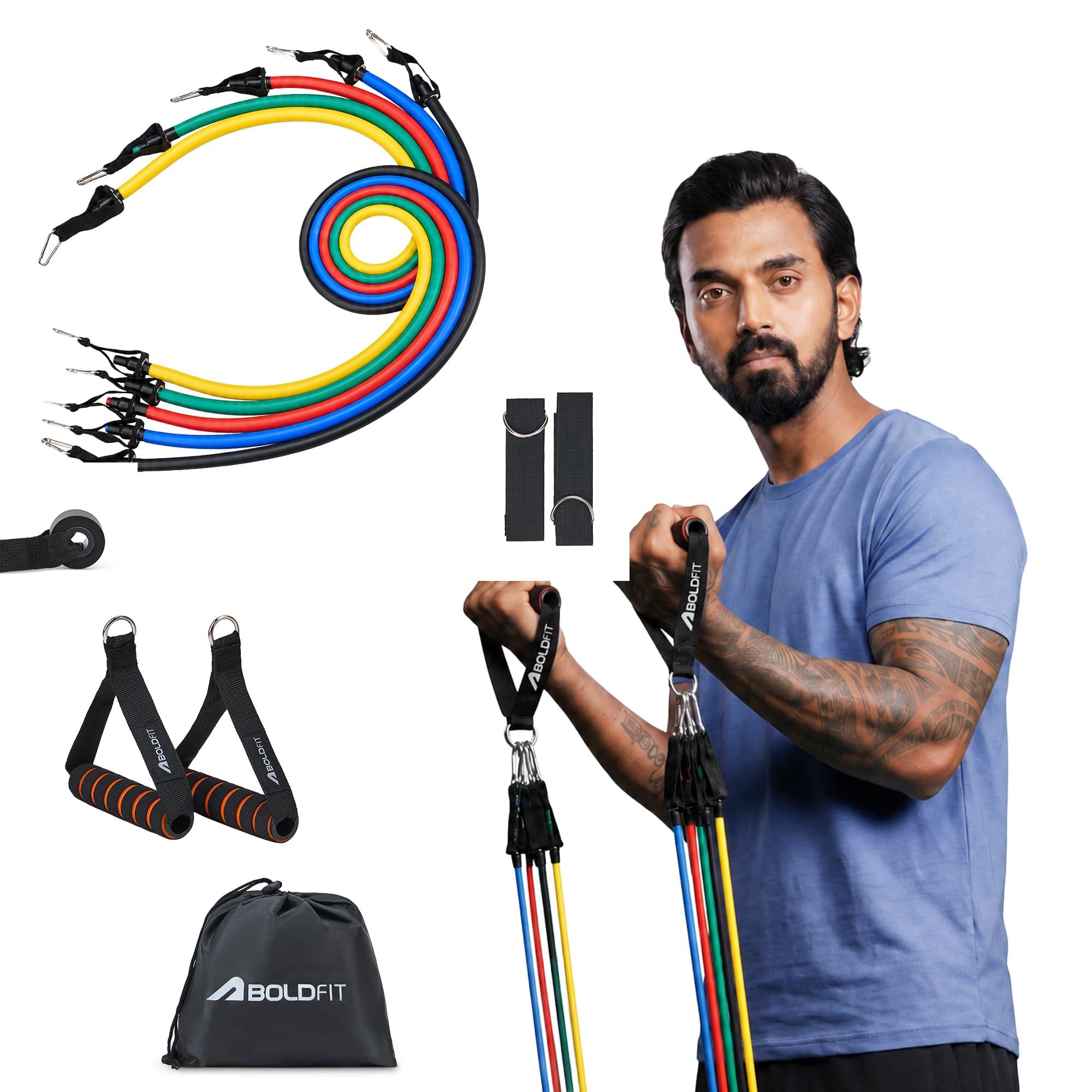 Boldfit Resistance Band Set with Handles, Portable Toning Tubes with Door Anchor & Foam Handles. Resistance Tube Kit with Bag and Ankle Straps Included. (11 Pieces Tube Set), Multicolor, L