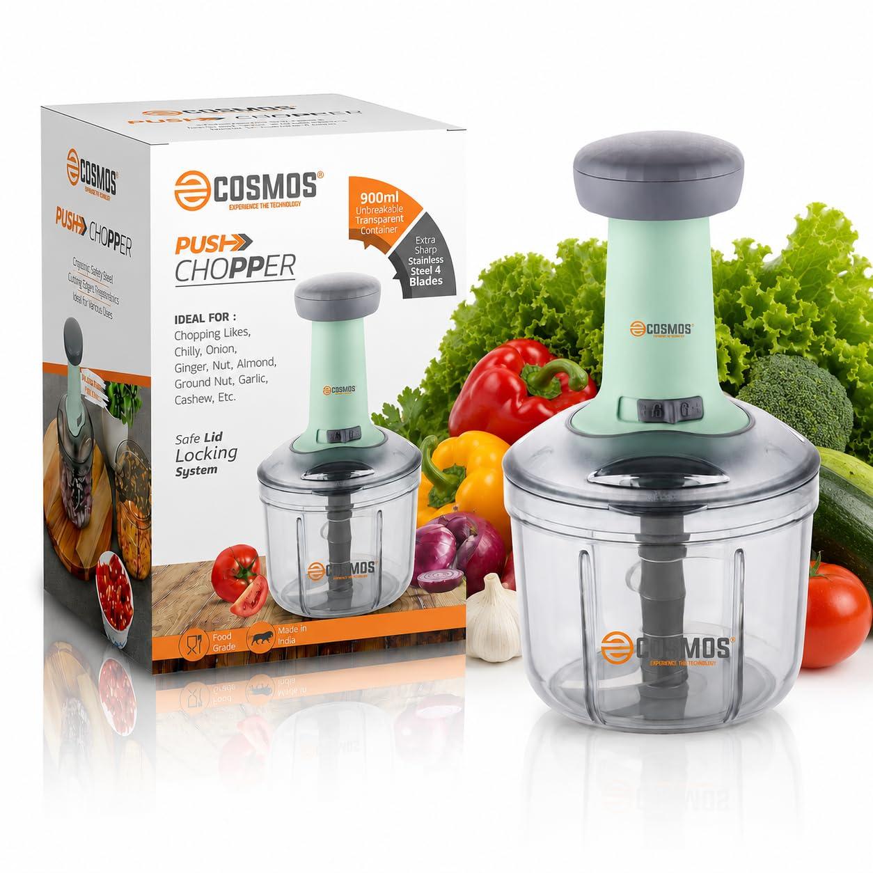 E-COSMOS® Food Chopper 900ml, 4 Blade Steel Large Manual Hand-Press Vegetable Chopper Mixer Cutter to Cut Onion, Salad, Tomato, Potato (Pack of 1) 900ml