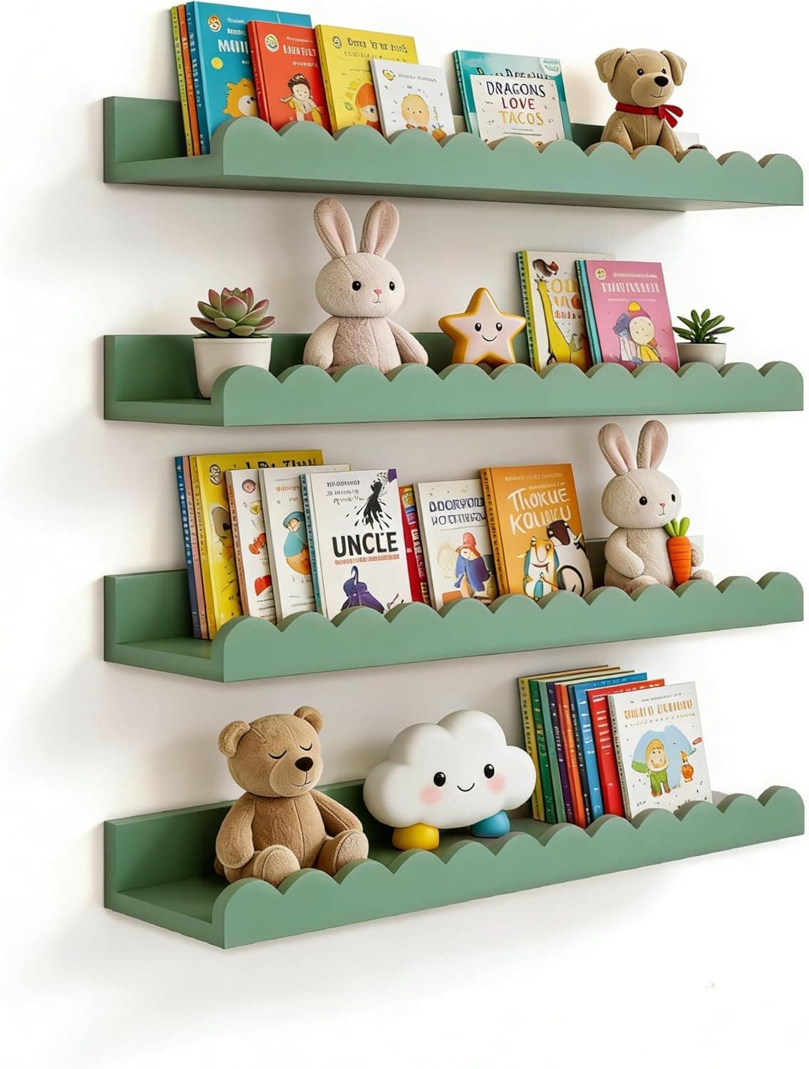 WooDintu Scalloped Shelves for Nursery - Wall Book Shelves for Bedroom Kids, Nursery Bookshelf for Wall Set of 4, Floating Book Shelves Solid Wood,18 Inch (Green)