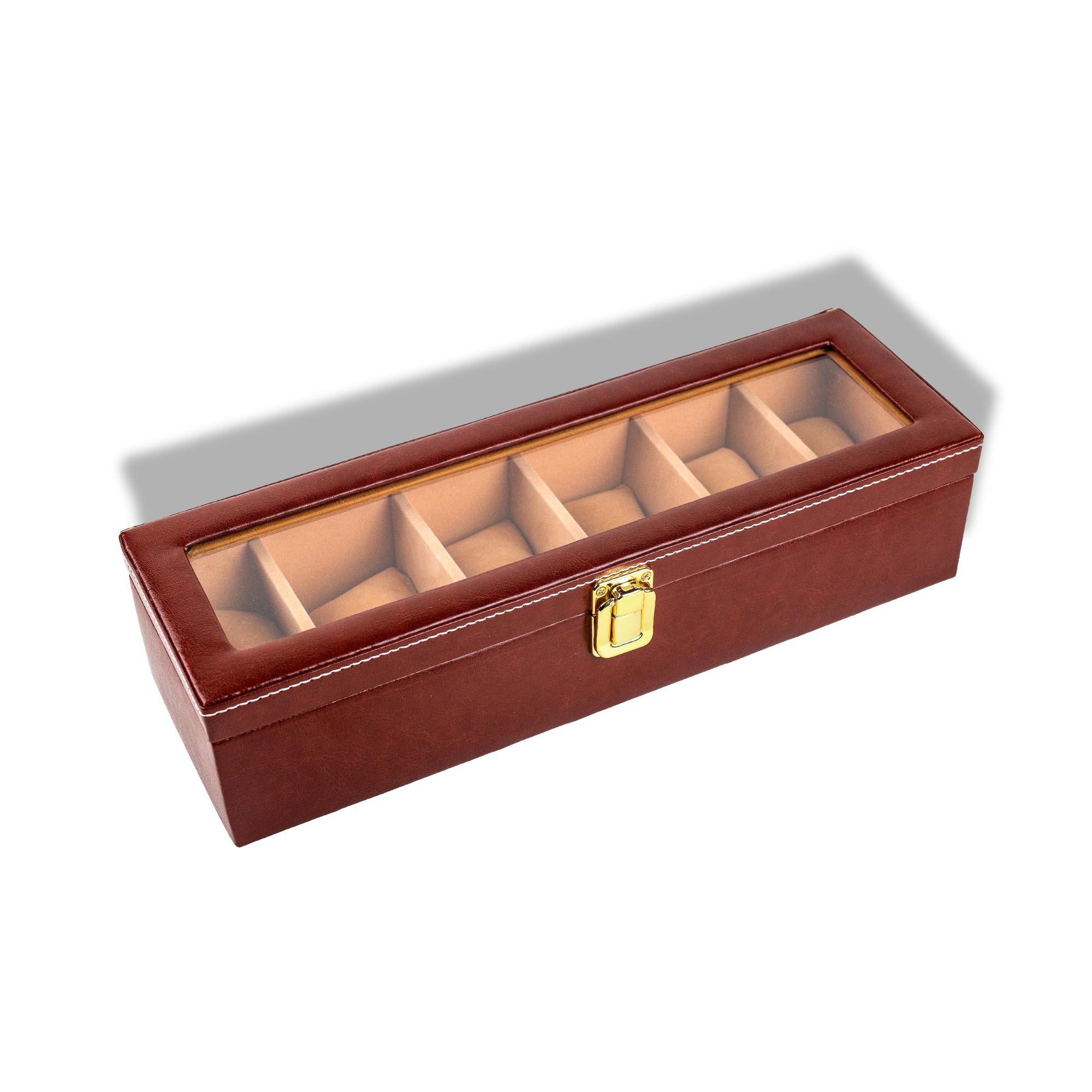 Birch & Co. Watch Box Organizer – 6 Slot Display Case with Glass Lid, PU Leather, Soft Velvet Interior – Elegant Storage for Men’s & Women’s Watches, Jewelry & Accessories – Gift-Ready Case, Brown