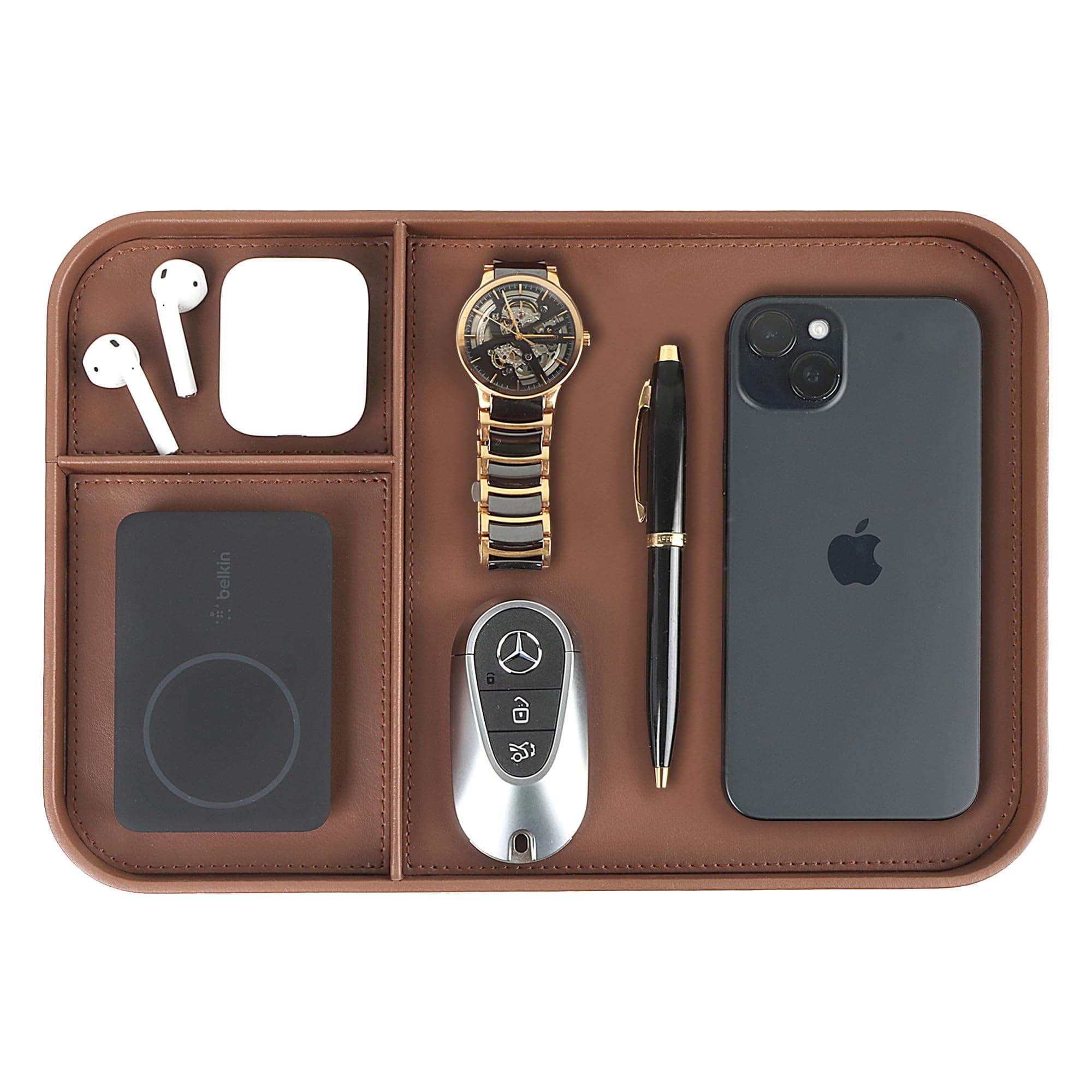V-CUBE DESIGNS Premium Vegan Leather Valet Tray 30X20.5 cm|Stylish & Modern Office Desk Tray| Table/Bedside/Entryway Organiser For Everyday Essentials Like Keys, Phone, Watch, Wallet, Jewellery-Tan