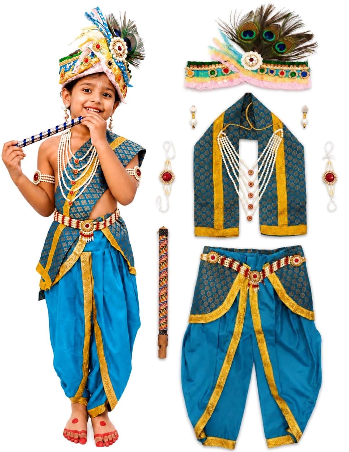 BookMyCostume Krishna Costume with Heavy Jewellery and Pagdi and Brocade - Janmashtami Complete Premium Dress for Baby Kanha Boys & Girls - Light Blue 5-6 Years