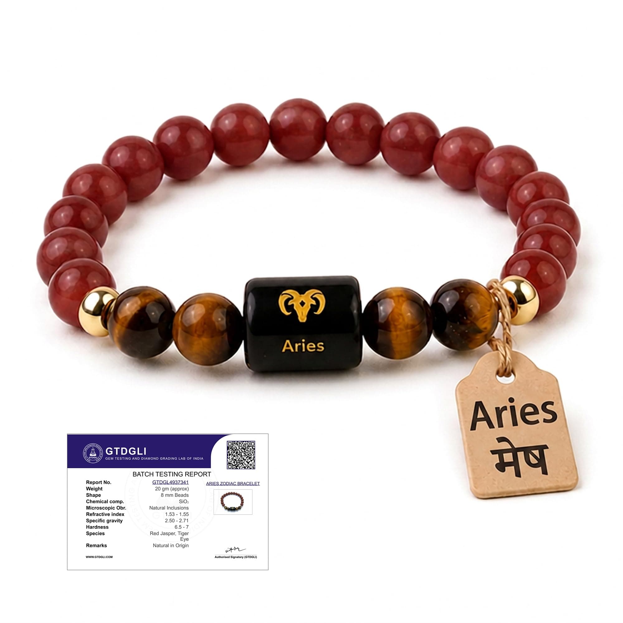 Astrotalk Aries Zodiac Bracelet (मेष राशि) | Certified Healing Crystal for Confidence, Protection & Stability | Original Red Jasper & Tiger Eye Stone | Bracelet for Man & Woman | Gift for Man & Woman