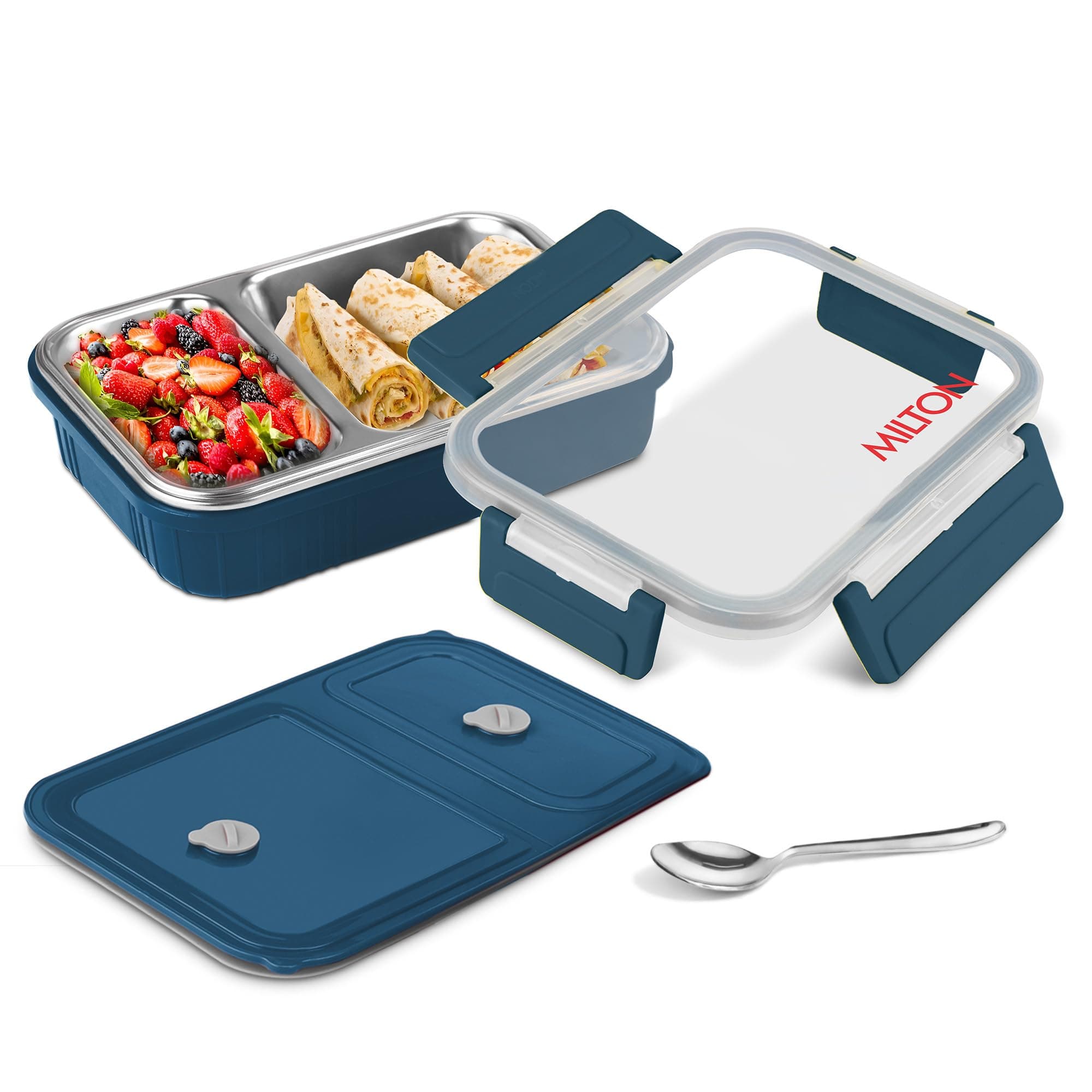 MILTON Meal Safe 2 Inner Stainless Steel Tiffin Box for School with Steam Release Plug | PU Insulated, Leak-Proof, Food Grade I Lunch Box for Kids Boys, Girls with Snap Lock Lid, 465 ml, Navy Blue