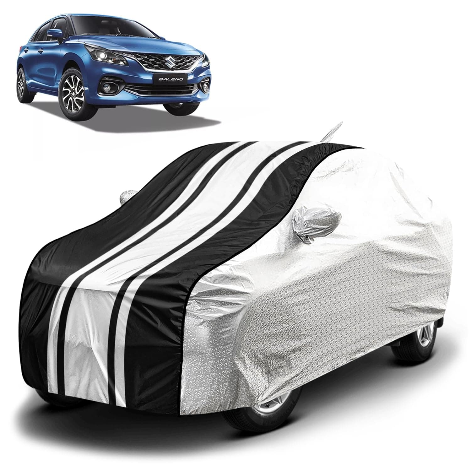 Fabtec Waterproof Car Body Cover for Maruti Baleno 2023 with Mirror and Antenna Pocket and Soft Cotton Lining, Bottom Elastic, Triple Stitched (Metallic Silver with Black Stripes)