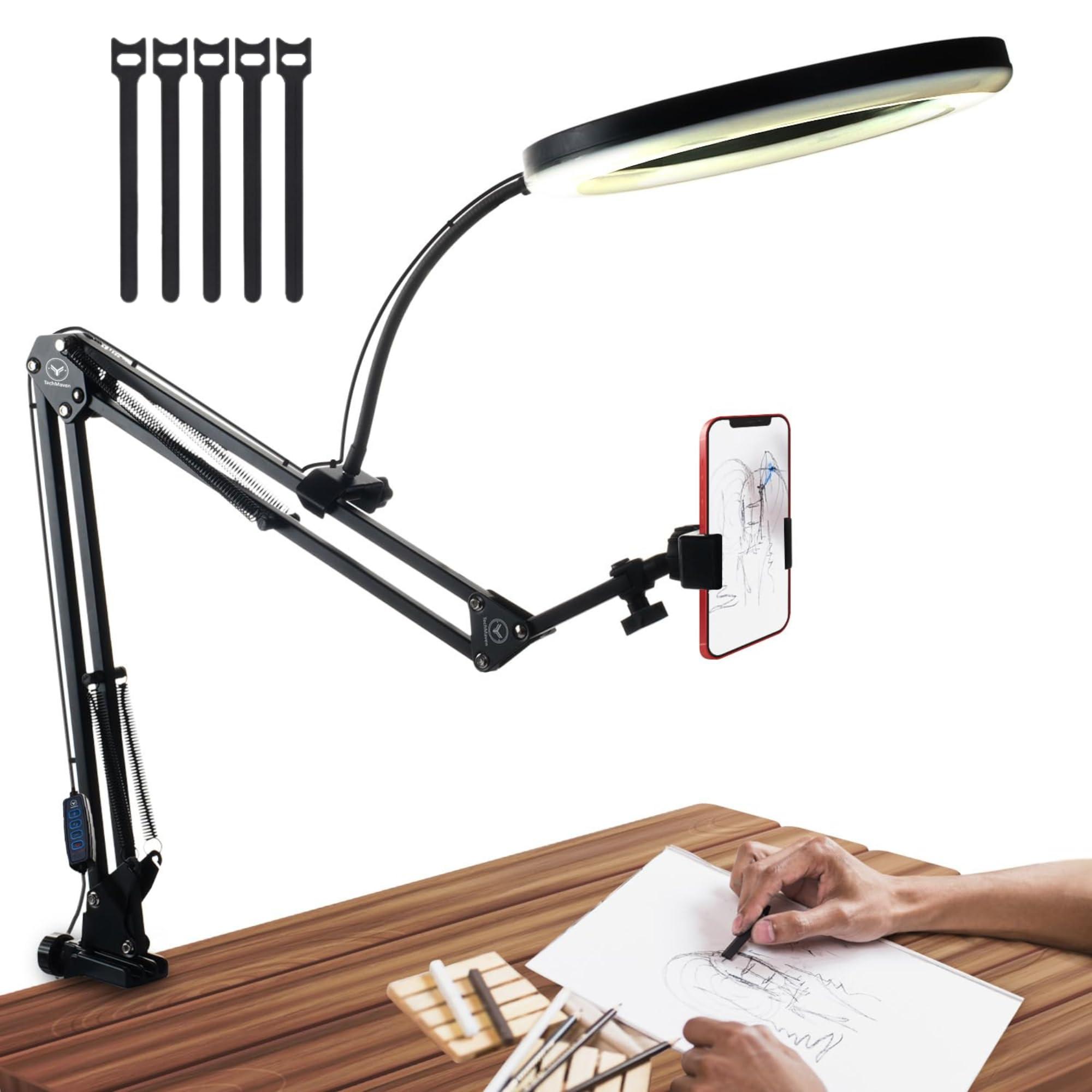 TechMaven Overhead Phone Stand with Ring Light | 360° Adjustable Table Tripod Mount for Mobile | Flexible Lazy Arm Holder for Video Recording, Desk & Bed Setup for Cooking, Makeup, Streaming, Classes