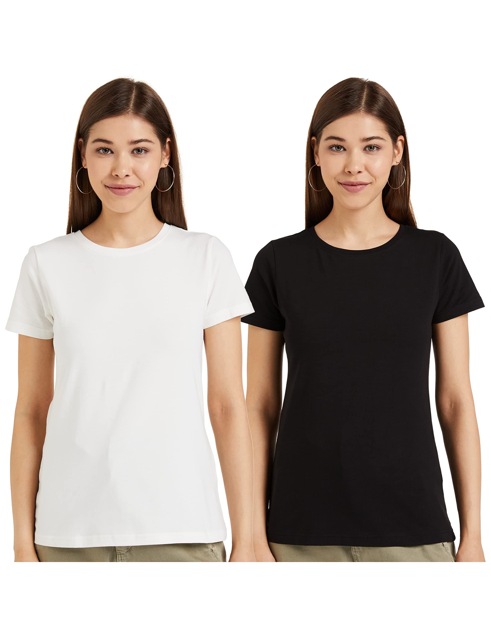 Amazon Brand - Symbol Women's Solid Regular Fit Half Sleeve T-Shirt (RN-PO2-COMBO2-Black & White-S) (Combo Pack of 2)