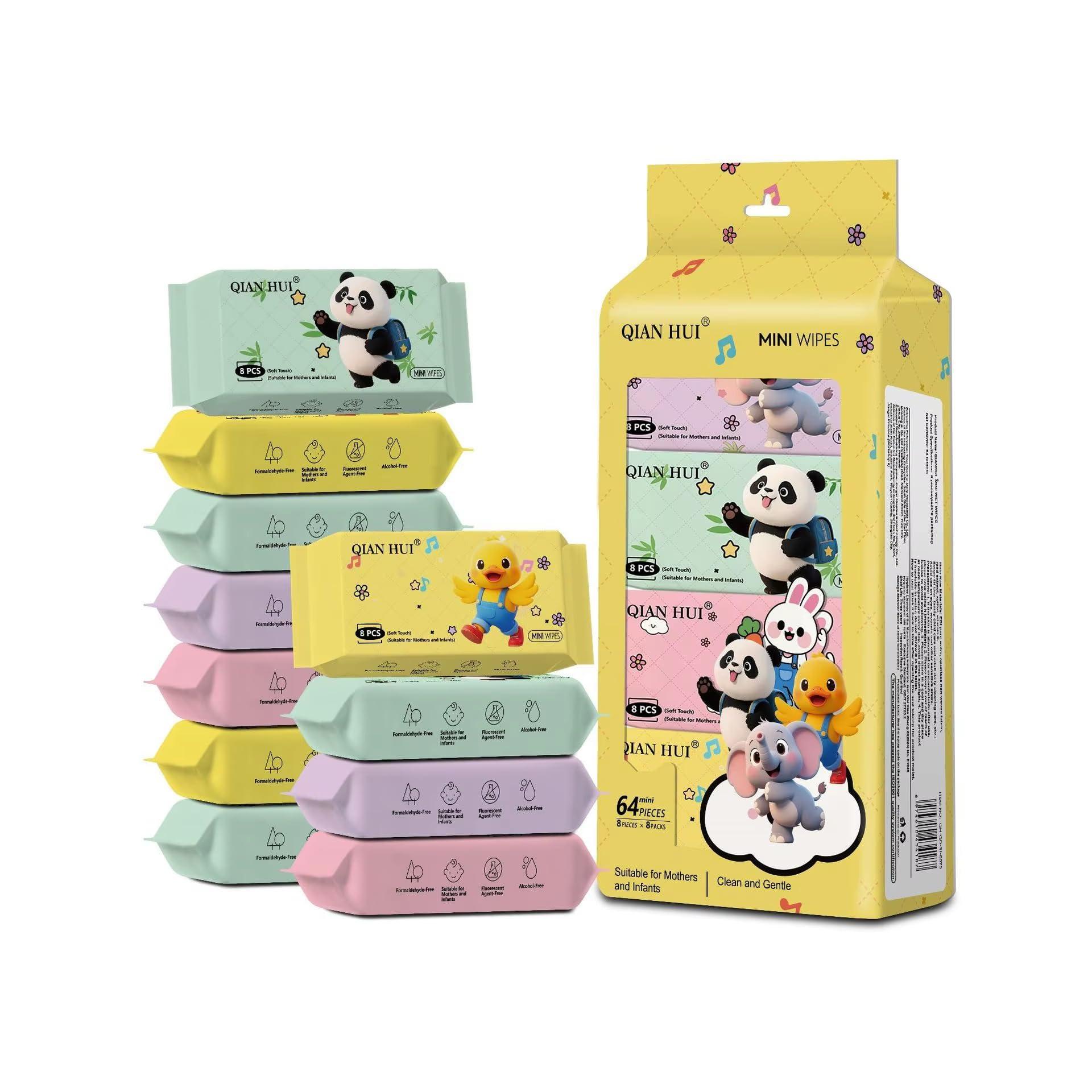 Wet Wipes 64 Pcs | 8 Mini Packs | Alcohol-Free Soft Cleansing Wipes | Moisturizing & Skin Friendly Disposable Wet Tissue | Unscented Pocket Travel Wipes for Face, Hands & Body | Portable Pack