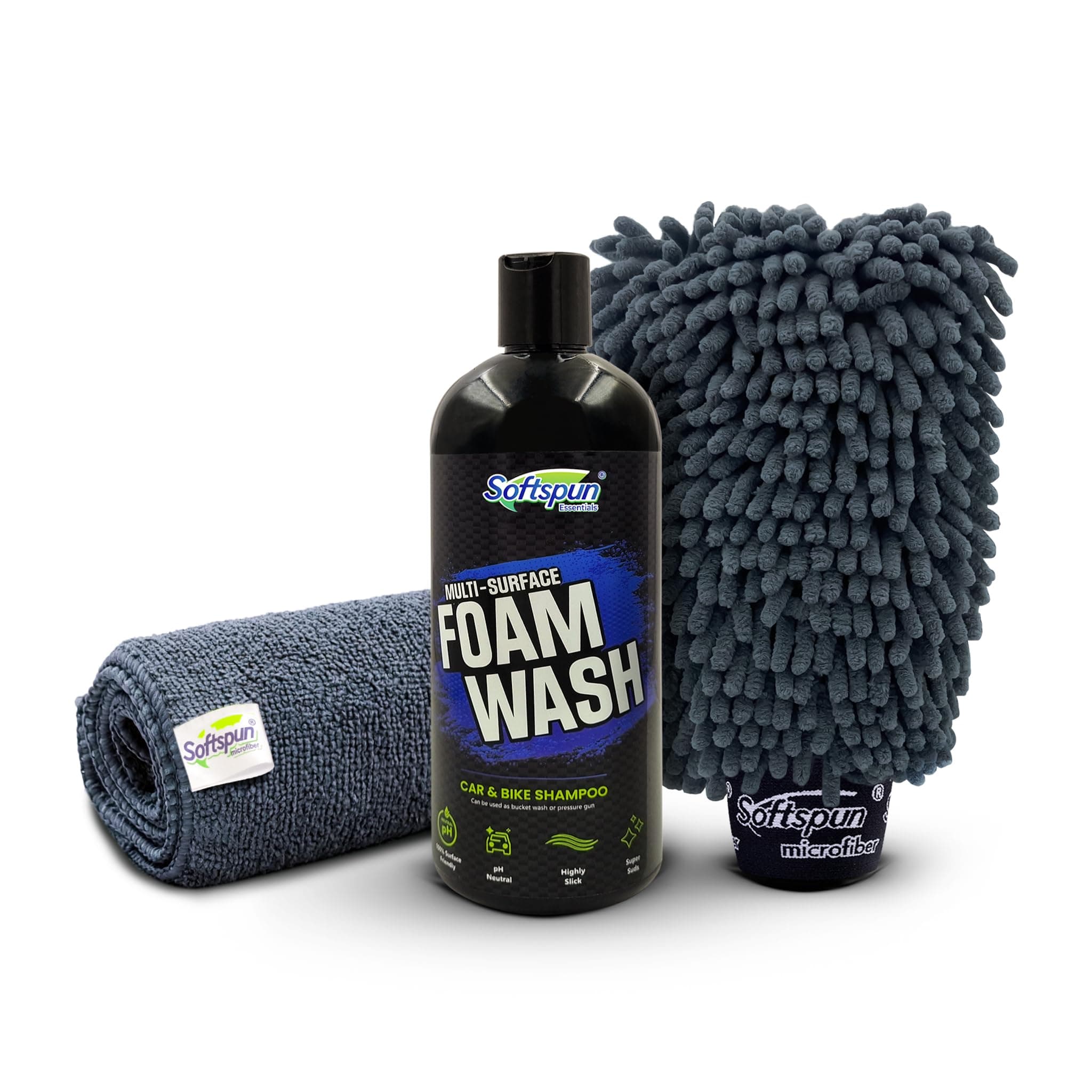 SOFTSPUN Microfiber 1pcs Grey 40x40cm 340gsm & 1 Glovs 1700gsm + 500mL Car & Bike Premium Liquid Shampoo Combo | Extra Suds, Removes Tough Dirt & Grime | pH Neutral | Works with Bucket & Foam Cannon