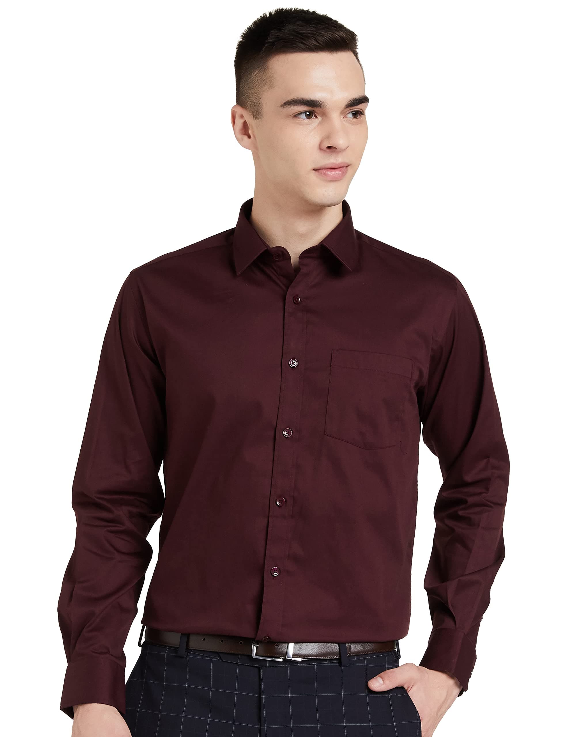 Amazon Brand - Symbol Men's Solid Cotton Formal Shirt | Plain | Full Sleeve - Regular Fit (Available in Plus Size) (Wine_42)
