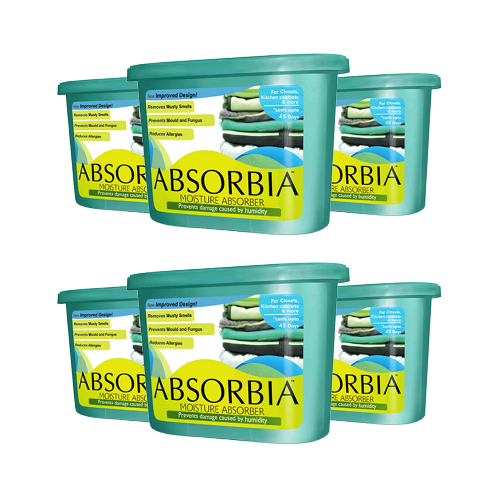 Absorbia Moisture Absorber | Classic Pack of 6 (300ml Each) | Moisture Absorber for Wardrobe | Dehumidifier for Room Moisture | Air Freshener for Room, Toilet | Compact Size | Moisture Absorbers