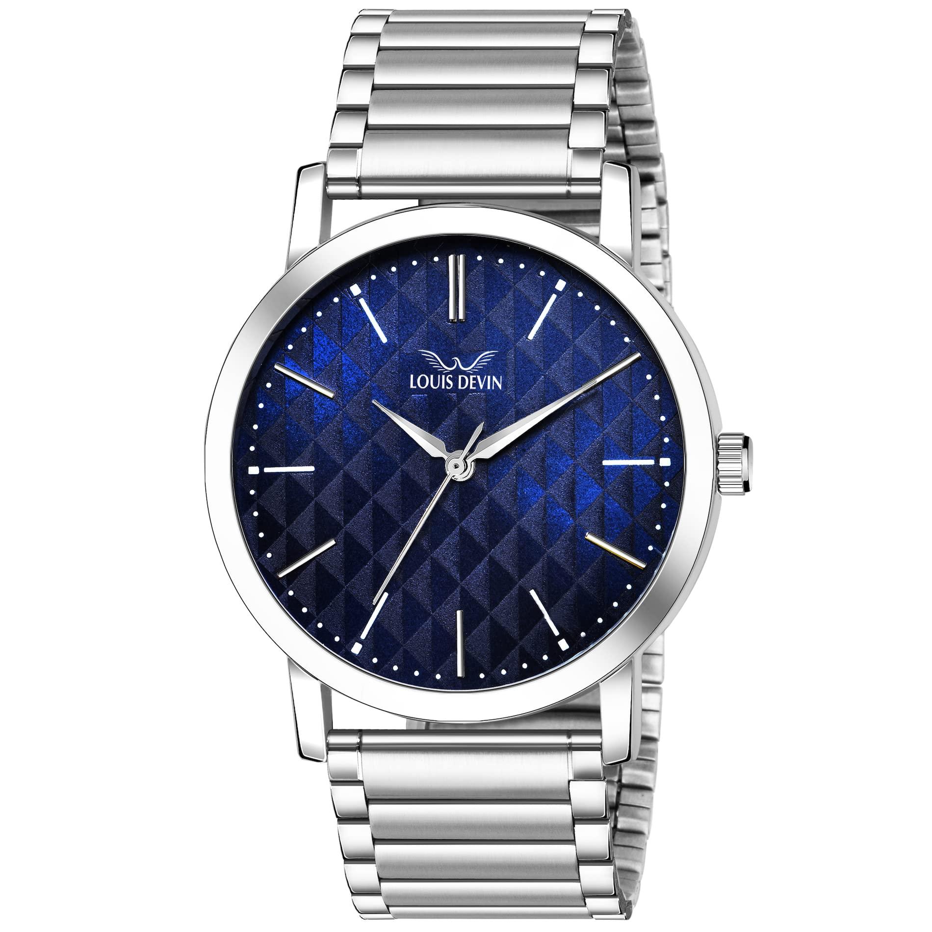 LOUIS DEVIN Stainless Steel Steel Chain Analog Wrist Watch For Men -G049-Blu-Ch, Blue Dial, Silver Band