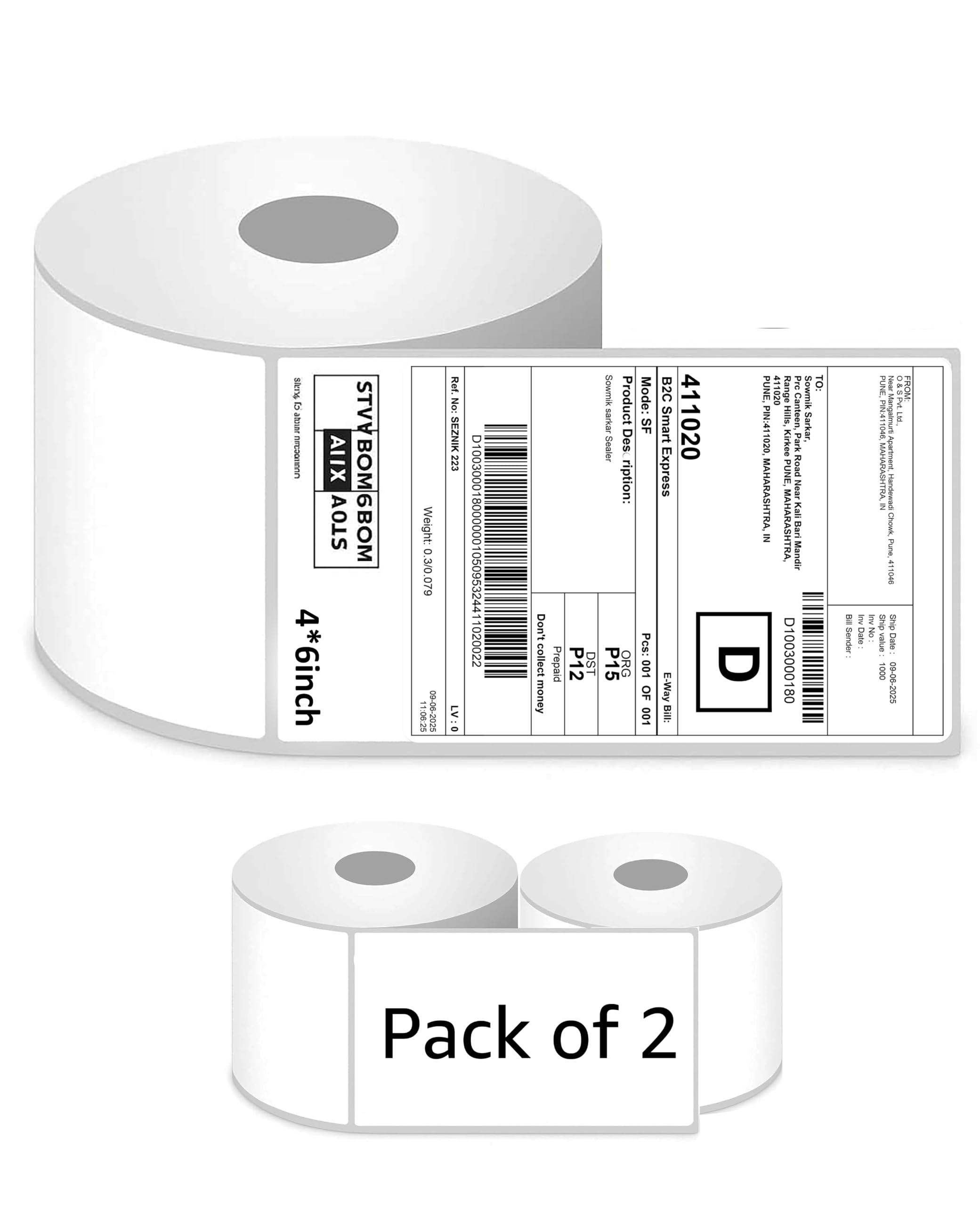 SEZNIK Thermal Printer 4x6 Inch Label Paper (100x150mm) | 800 Labels | Shipping, Parcel, Barcode & Address Labels | Waterproof, Oil & Scratch Resistant Label Roll | BPA Free | Perforated (Pack of 2)