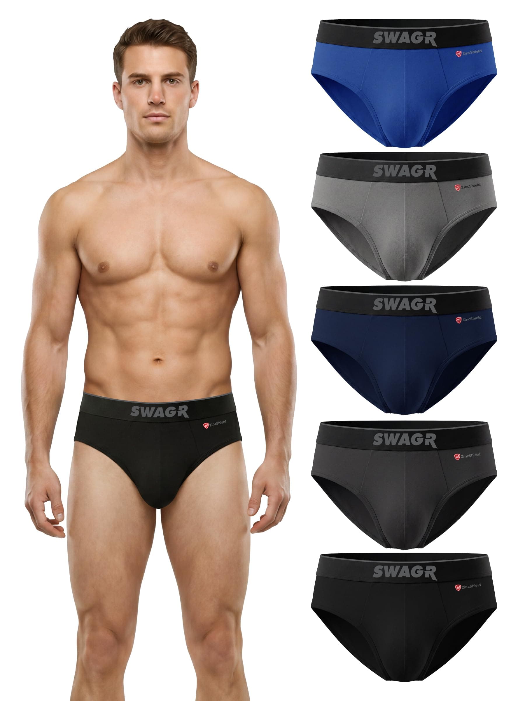SWAGR 5 Pack Men's Super Combed Cotton Underwear Briefs | Classic TruComfort Fit | Powered by ZincShield Anti-Bacterial Tech | Aerflo Breathability | 4-way FlexStretch | Size M (80-85 cm) SG03
