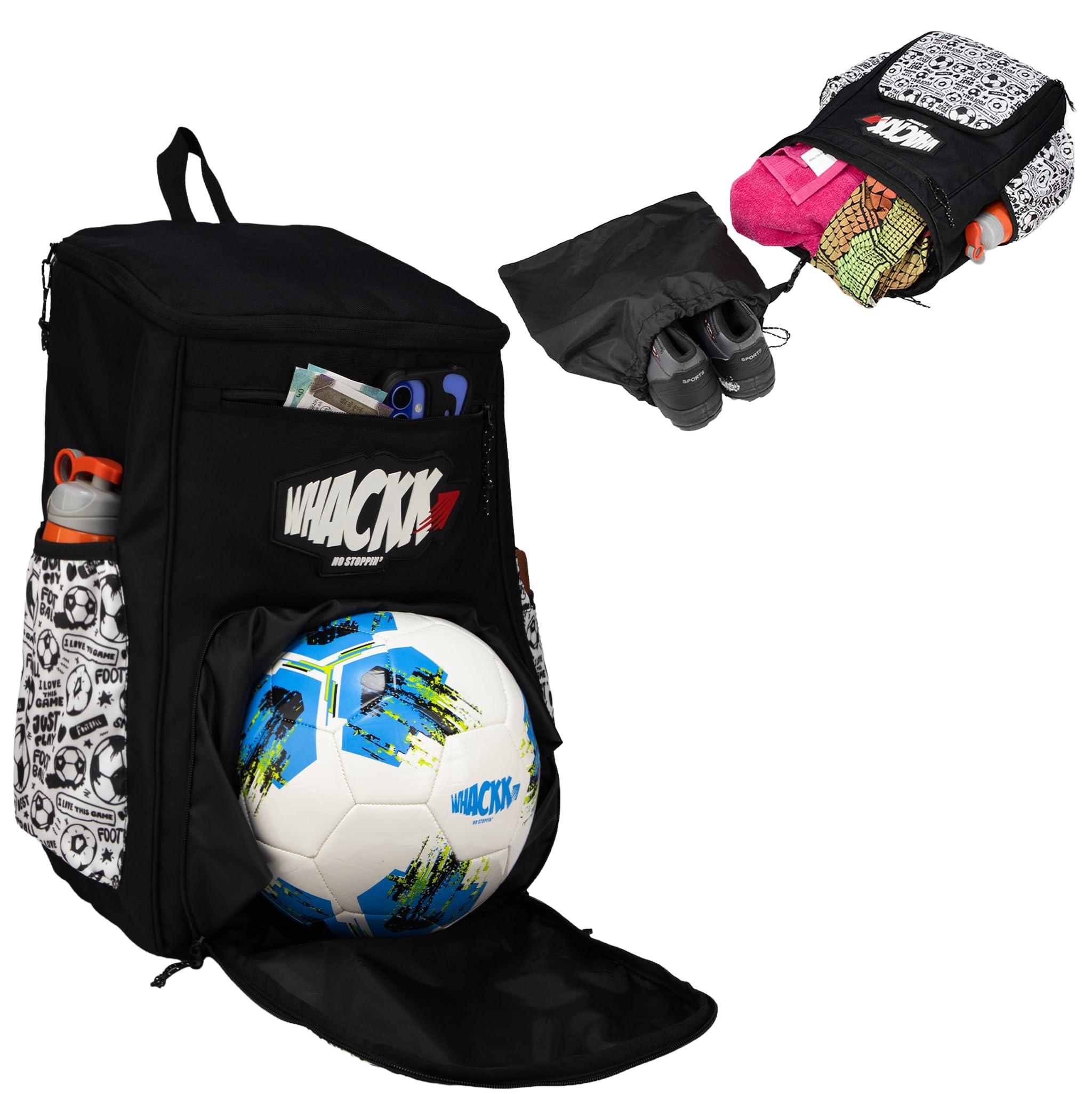 WHACKK Figo Football Bag Black White | Football Kit Bag with Ball & Shoe Compartment | Lightweight Sports Bag for Men, Women & Junior Players