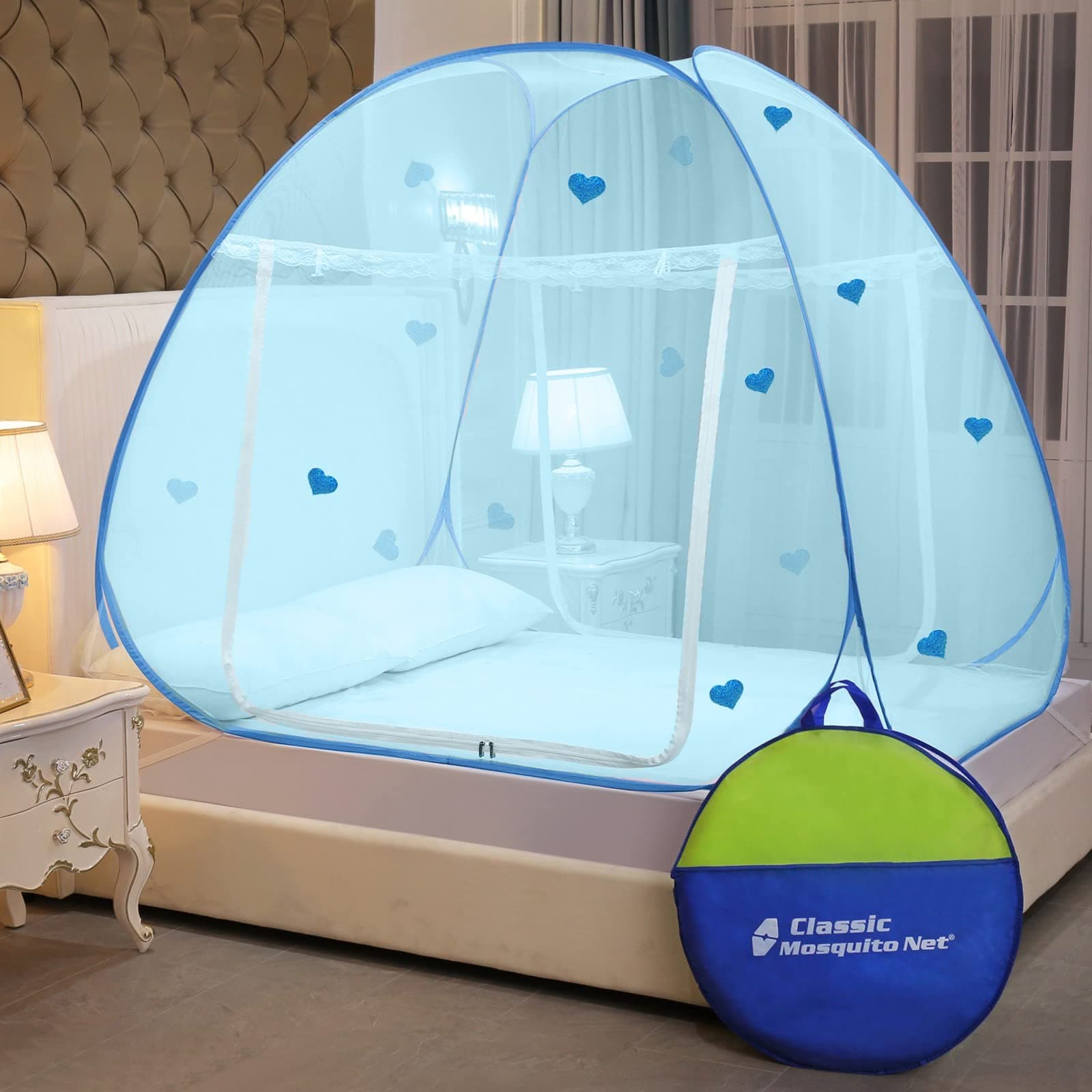 Classic Mosquito Net for Double Bed | Heart Design (Limited Edition) | Queen Size Foldable Machardani | Polyester 30GSM Strong Net | PVC Coated Corrosion Resistant Steel Wire - Full Blue