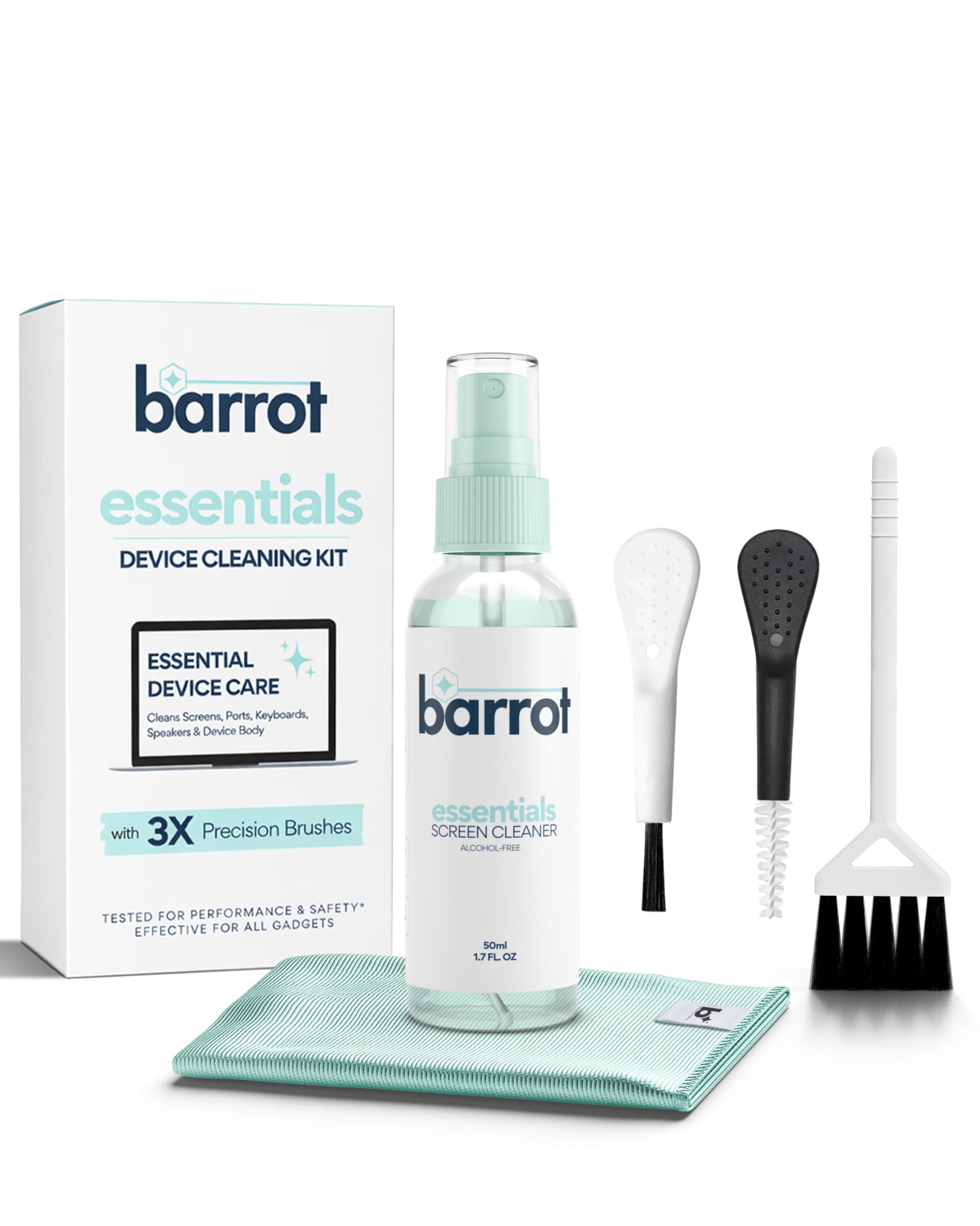 BARROT Essentials Mini Device Cleaning Kit | Includes 50ml Non-Alcohol Screen Cleaner, 3 x High-Precision Brushes & 20x20CM Plush Microfiber