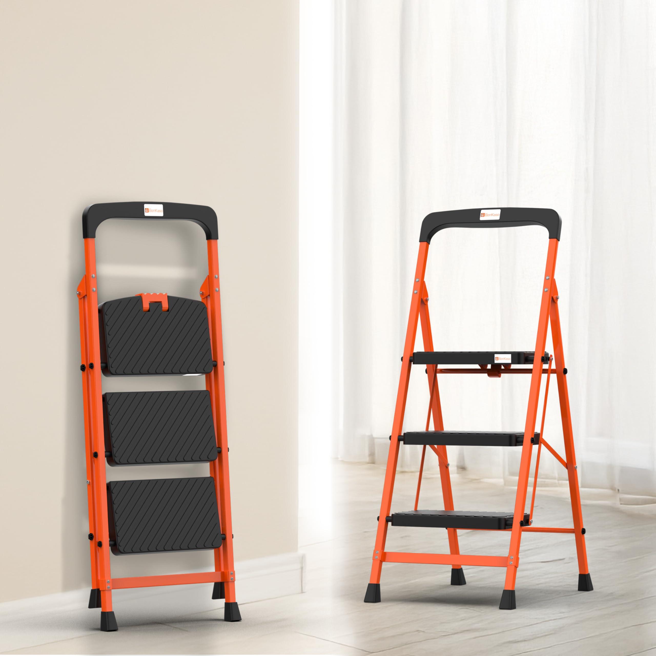 BonKaso Climb Easy 3 Step Heavy Duty Foldable Steel Ladder for Home, Office, Kitchen & Outdoor Use with Safety Lock, Anti-Slip Wide Durable Plastic Steps, Support Handle & Tool Tray (Orange & Black)