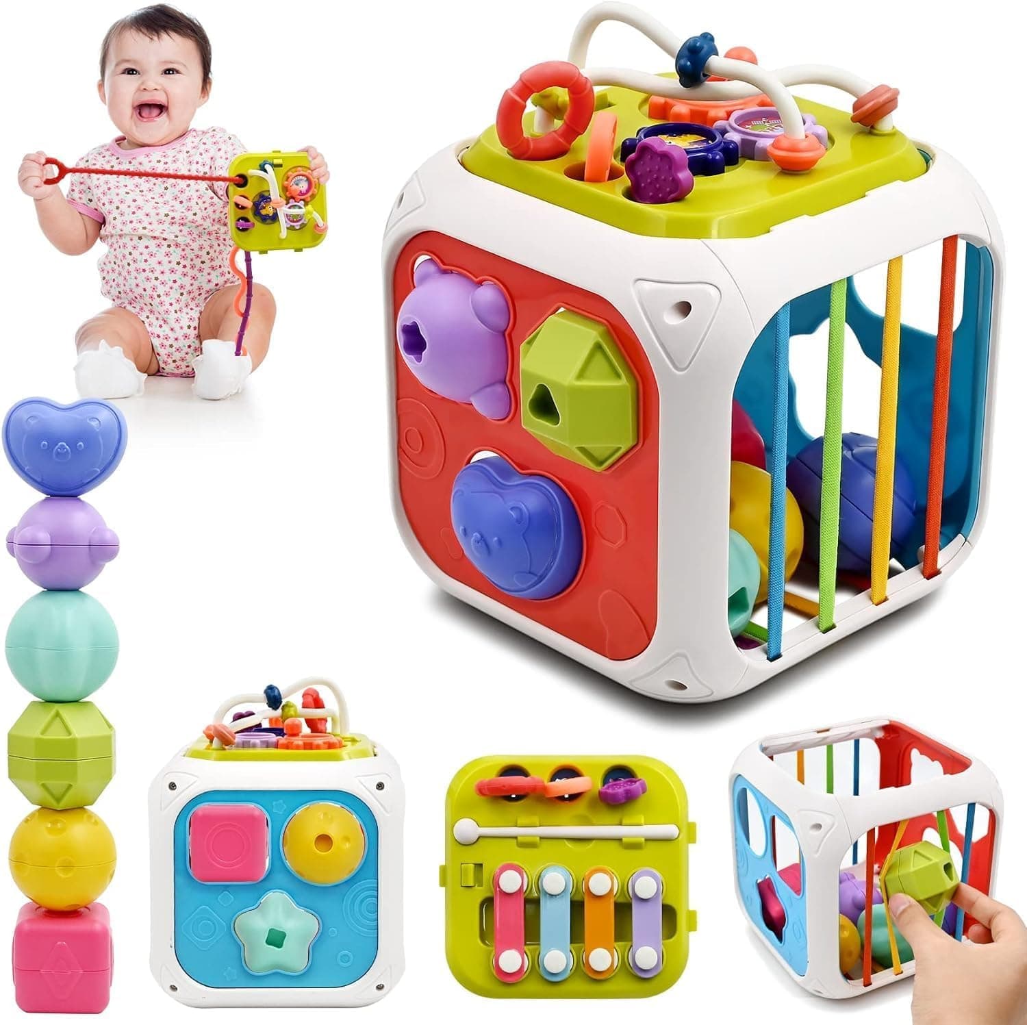 Cable World Montessori 7 in 1 Baby Sensory Toy for Kids - Educational Learning Shape Sorter, Activity Stacking, Interactive Fine Motor Skill Development - Multicolor