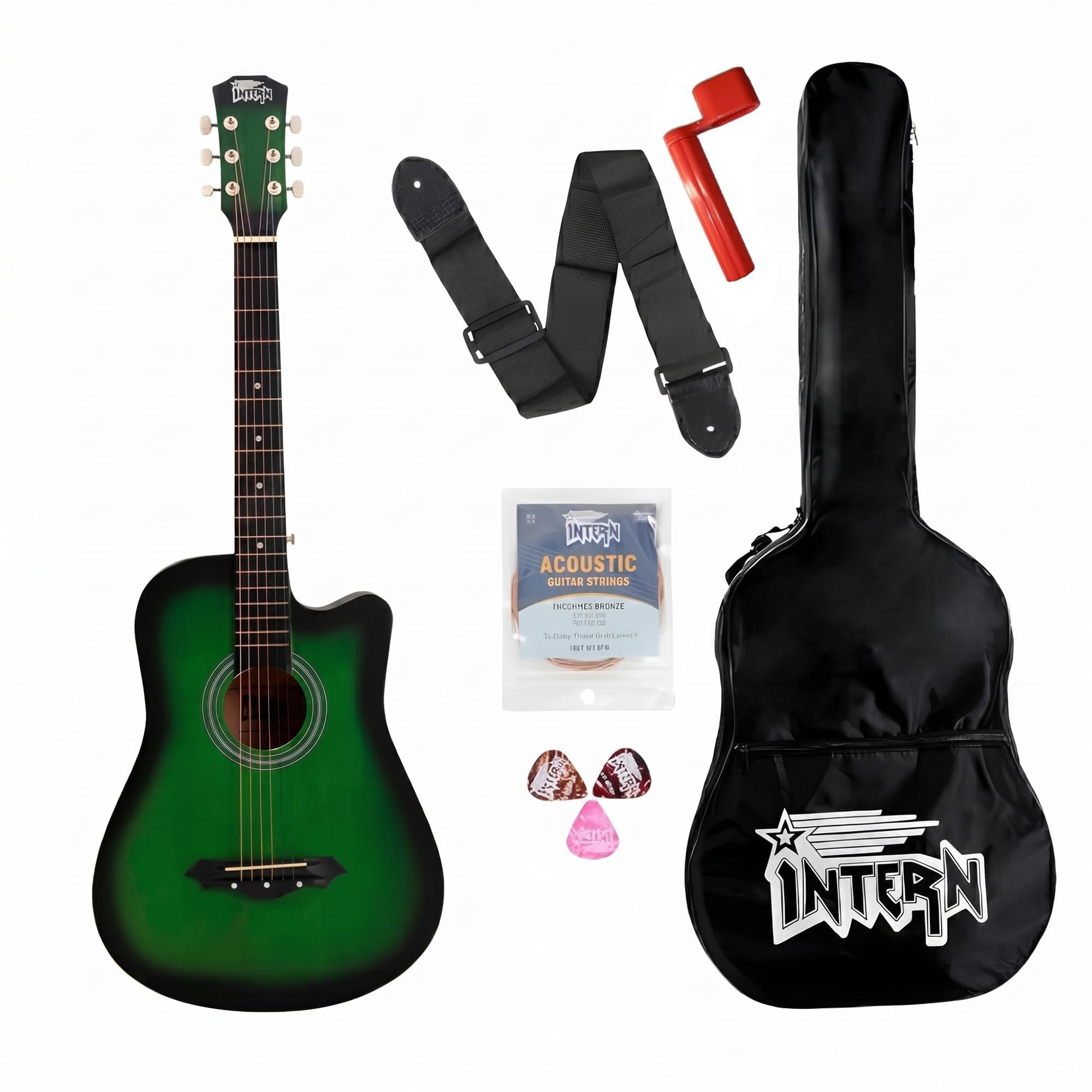 Intern Right hand Acoustic Guitar Kit, With Bag, Strings, Pick, Strap and String Winder (Green, 38 Inch)