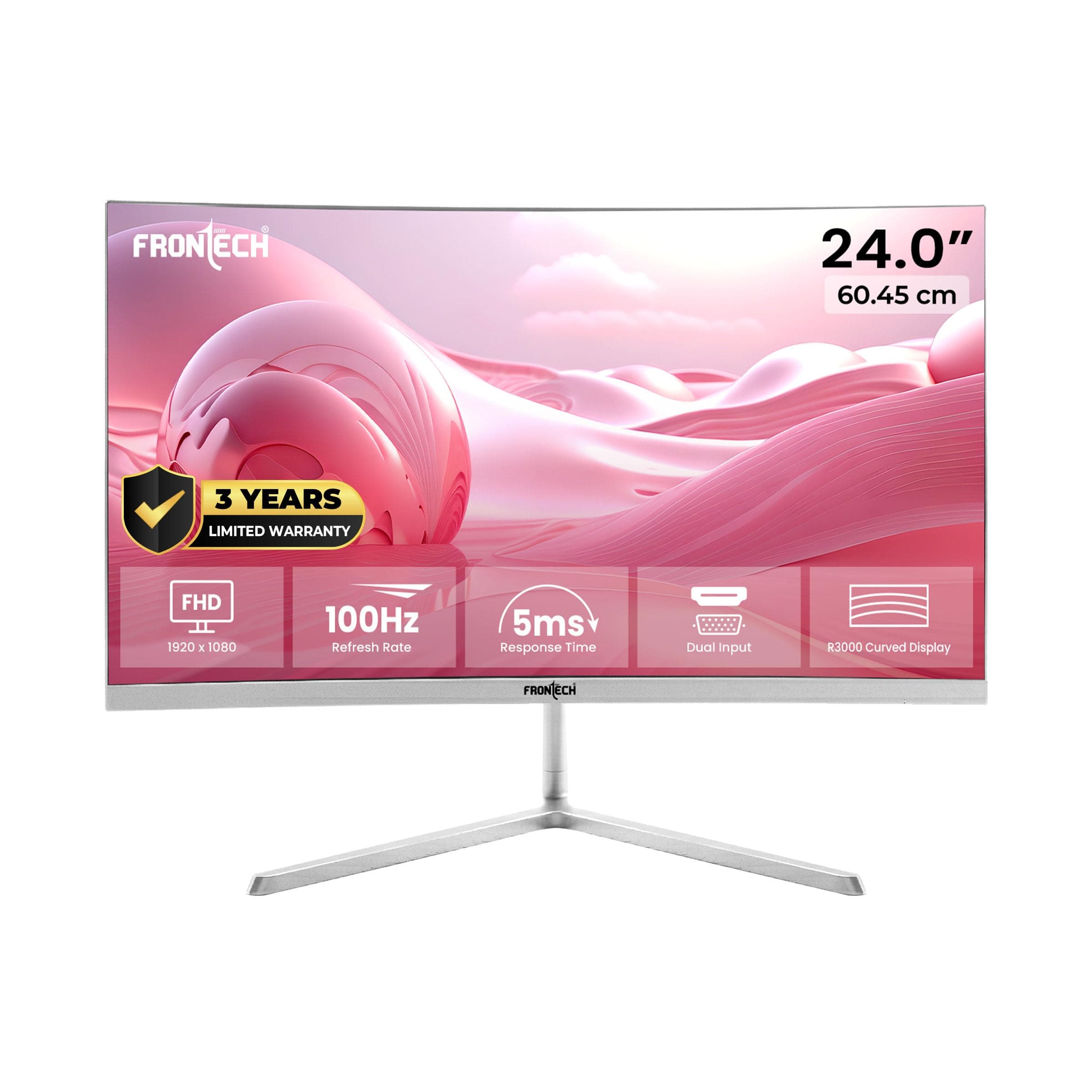 FRONTECH Ultima Series 24 Inch Curved LED Monitor, Refresh Rate 100Hz, VA Panel, 1800R Curve, Full HD 1080p, Bezel Less Design, HDMI & VGA Ports (MON-0080, White)