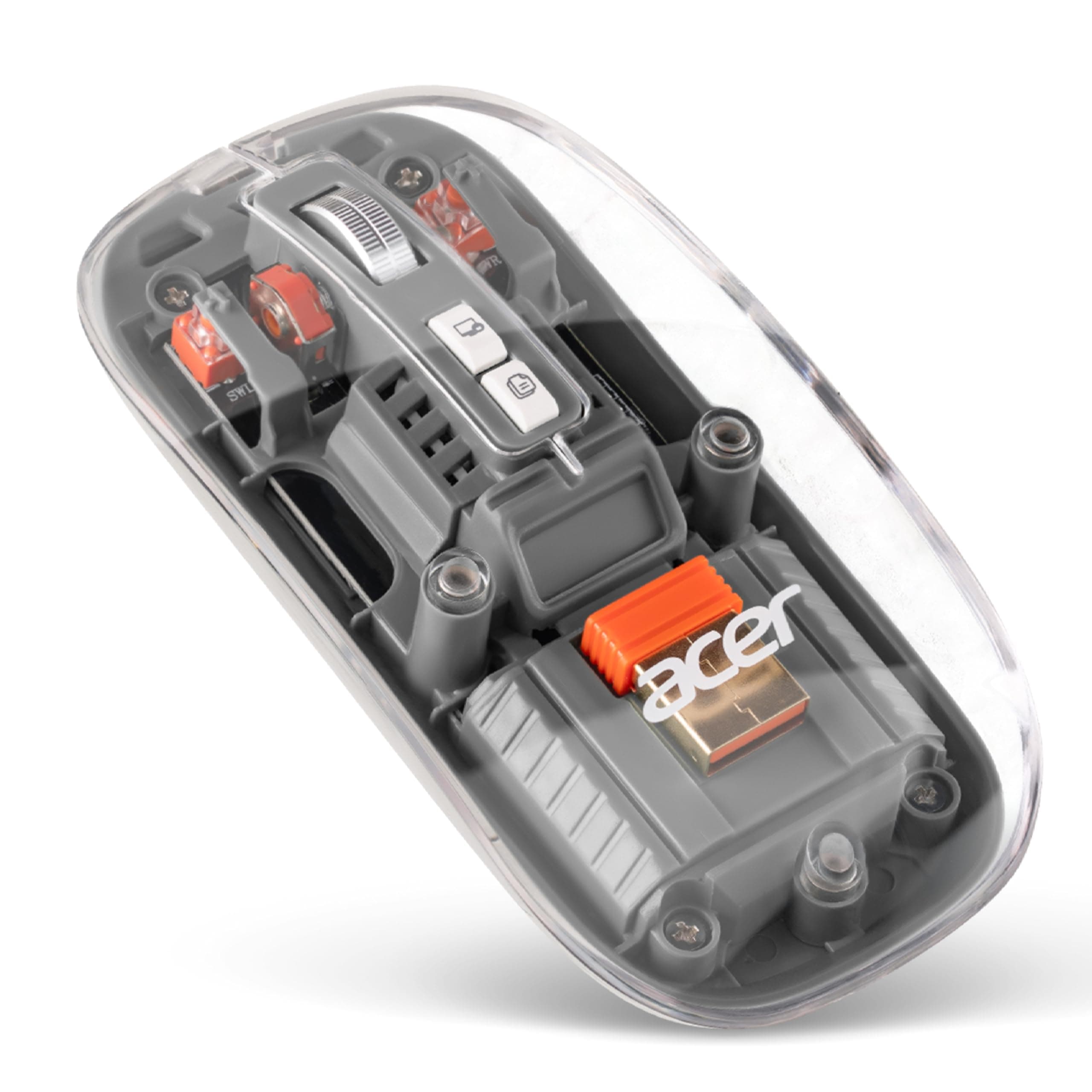 acer Clearview Transparent Wireless Mouse with Triple-Mode Connectivity, Silent Click Tech, Metal Scroll Wheel,1600 DPI Optical Sensor, USB-C Charging, Compatible Windows, MacOS, iOS, Android-Grey