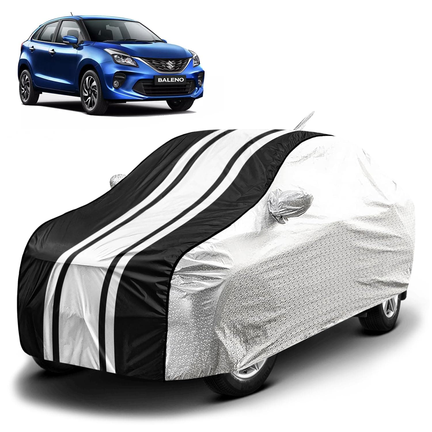 Fabtec Waterproof Car Body Cover for Maruti Baleno with Mirror and Antenna Pocket, Soft Cotton Lining, Bottom Elastic, Triple Stitched (Metallic Silver with Black Stripes)