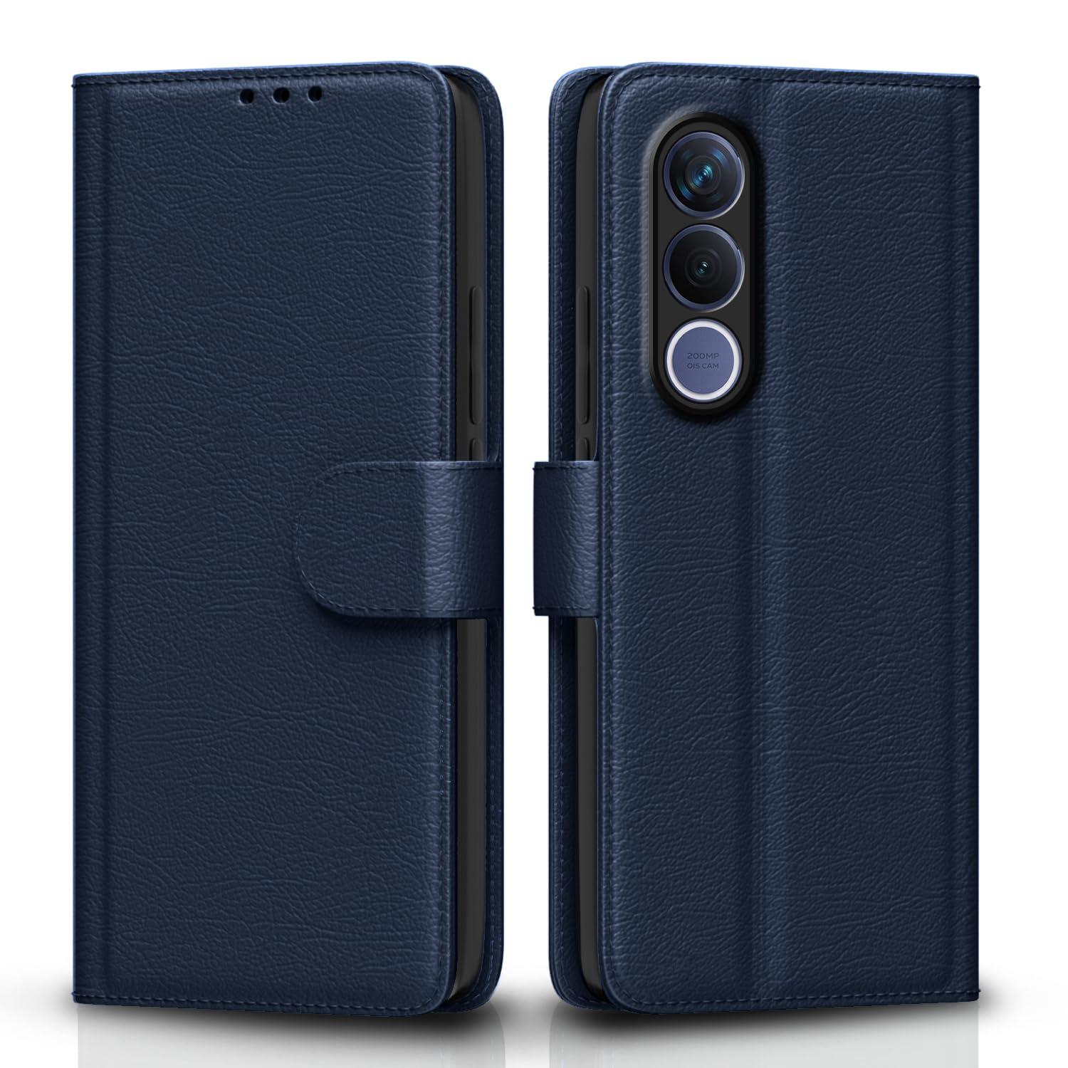 Pikkme Flip Cover for Vivo V70 FE 5G Leather Finish | Inside TPU with Card Pockets | Wallet Stand and Shock Proof | Complete Protection Flip Case (Blue)