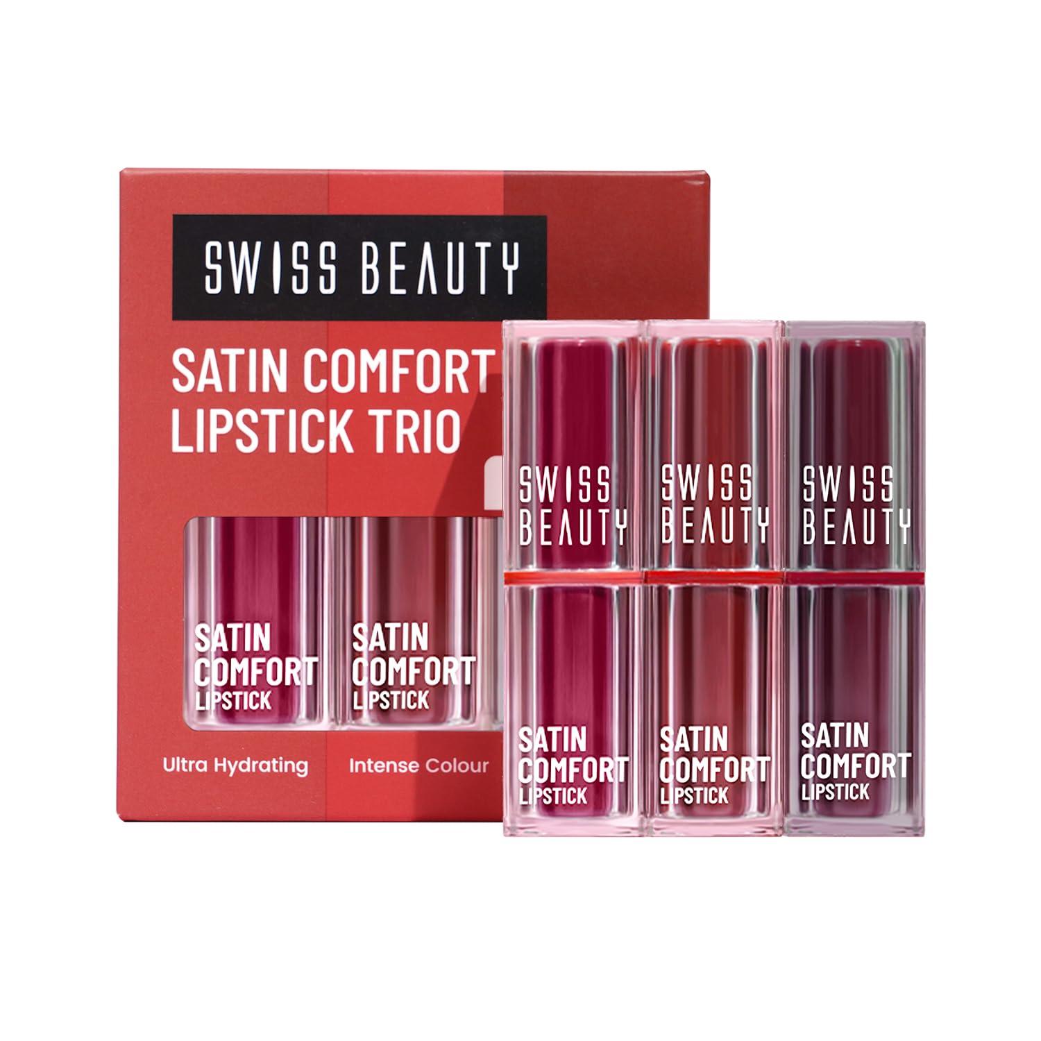 Swiss Beauty Satin Comfort Lipstick Trio 3-in-1| Ultra-Hydrating | Highly Pigmented | Smooth Glide | Satin Matte Finish | One-Swipe Application | Shade- 3-Red & Maroon, 9gm