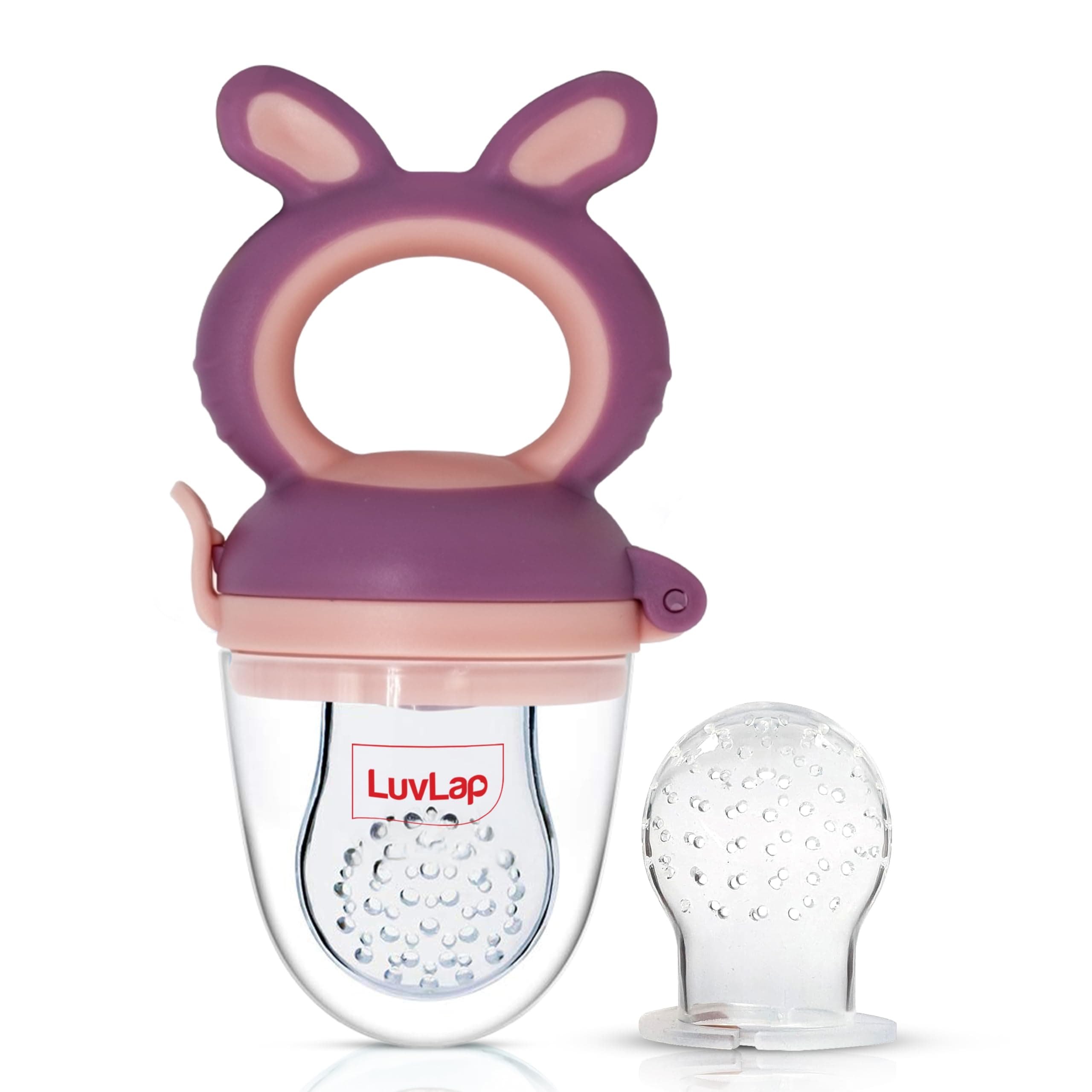 LuvLap Silicone Food/Fruit Nibbler with Extra Mesh, Soft Pacifier/Feeder, Teether for Baby, Infant, Bunny Violet & Pink