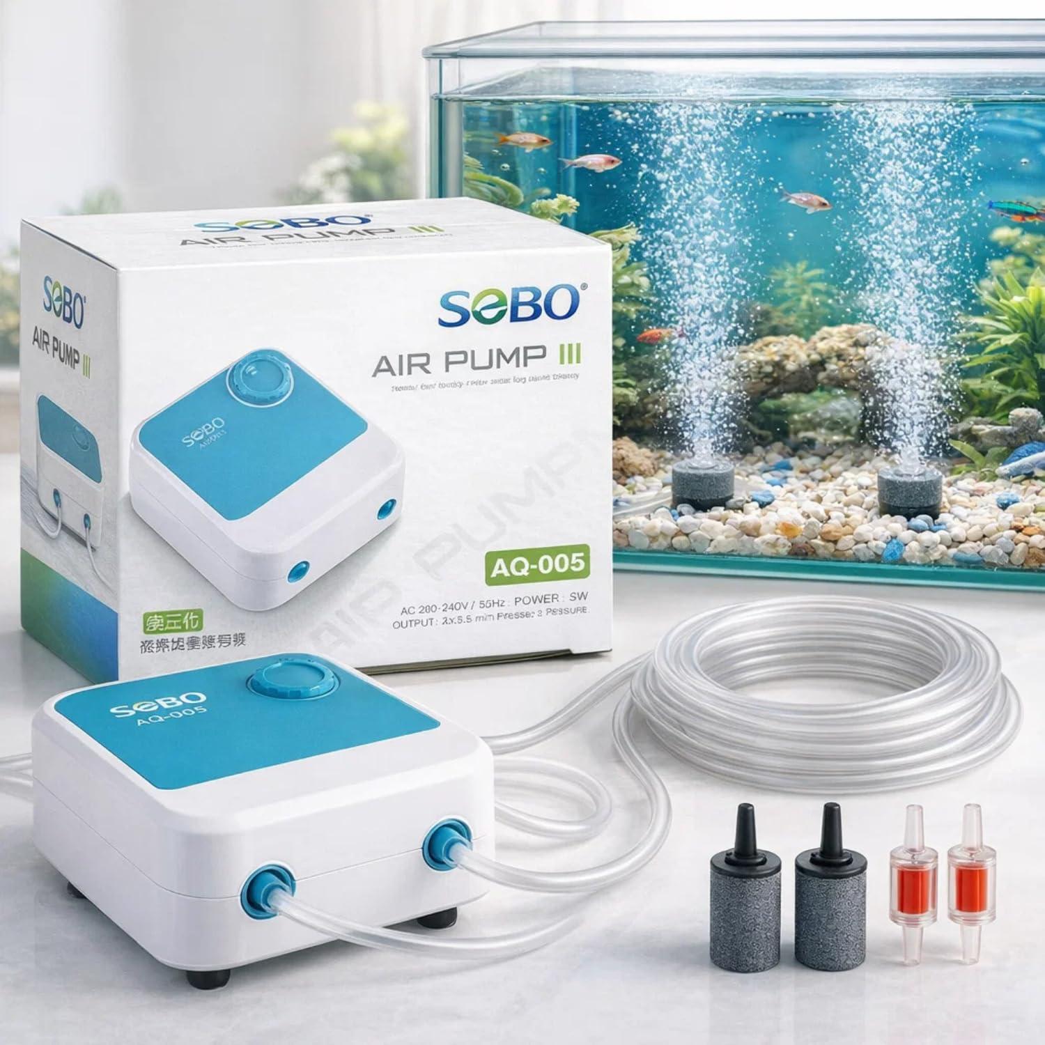 Vayinato SOBO AQ-005 Aquarium Air Pump, Ultra Silent 2-Way Dual Outlet (2×4 L/Min), Adjustable Flow Control, 5W High Oxygen Airpump with 3m Tube, 2 Airstones & Check Valve
