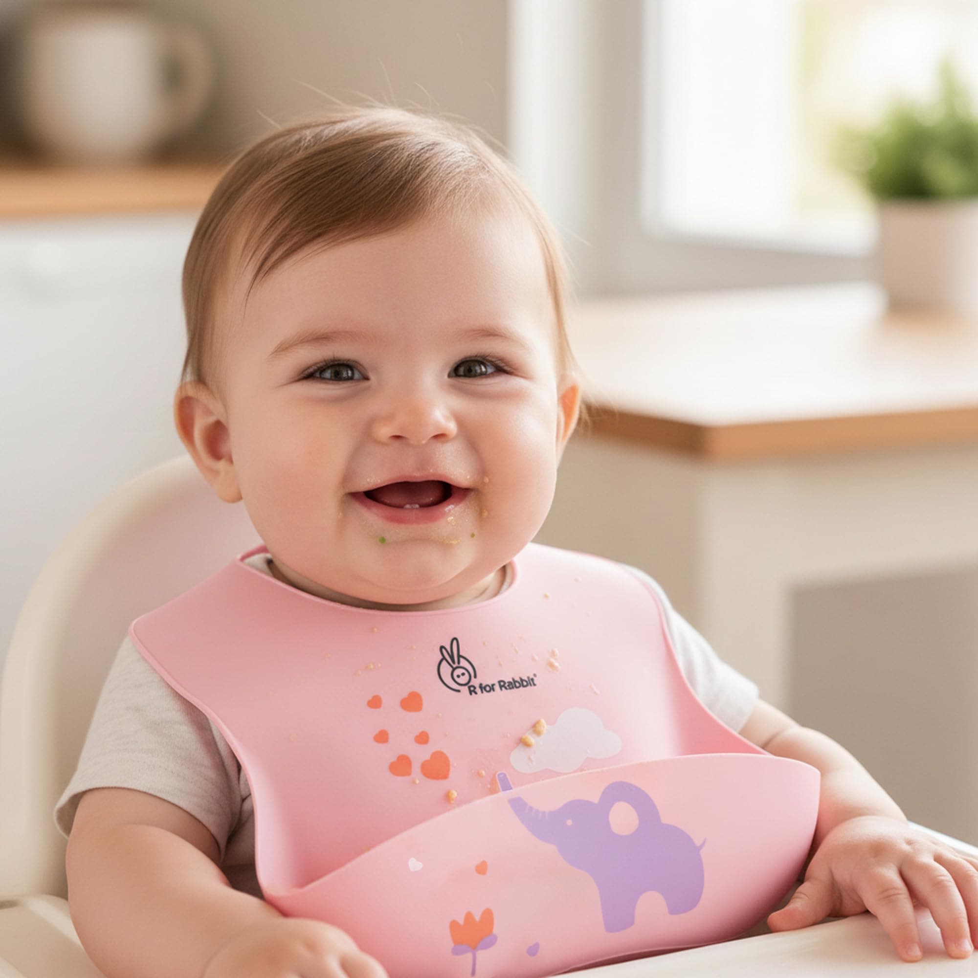 R for Rabbit Safari Silicone Bib for Baby Food Feeding BPA Free, Baby Apron Adjustable Straps, Built-in Food Pocket Mess Free, Waterproof, Washable & Reusable Ideal for Babies 6 to 36 Months (Peach)