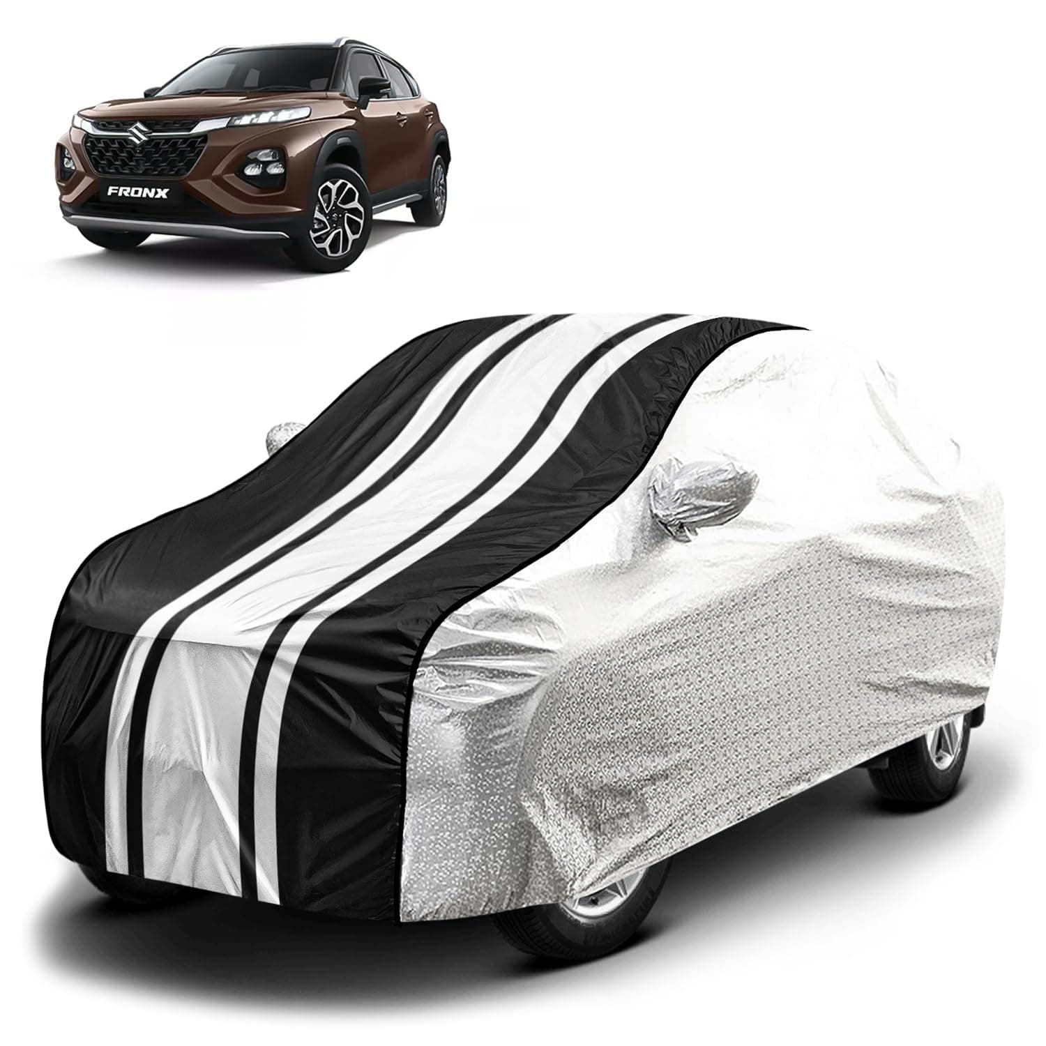 Fabtec Waterproof Car Body Cover for Maruti Fronx with Mirror Pocket and Soft Cotton Lining, Bottom Elastic, Triple Stitched (Metallic Silver with Black Stripes) (No Antenna Pocket)