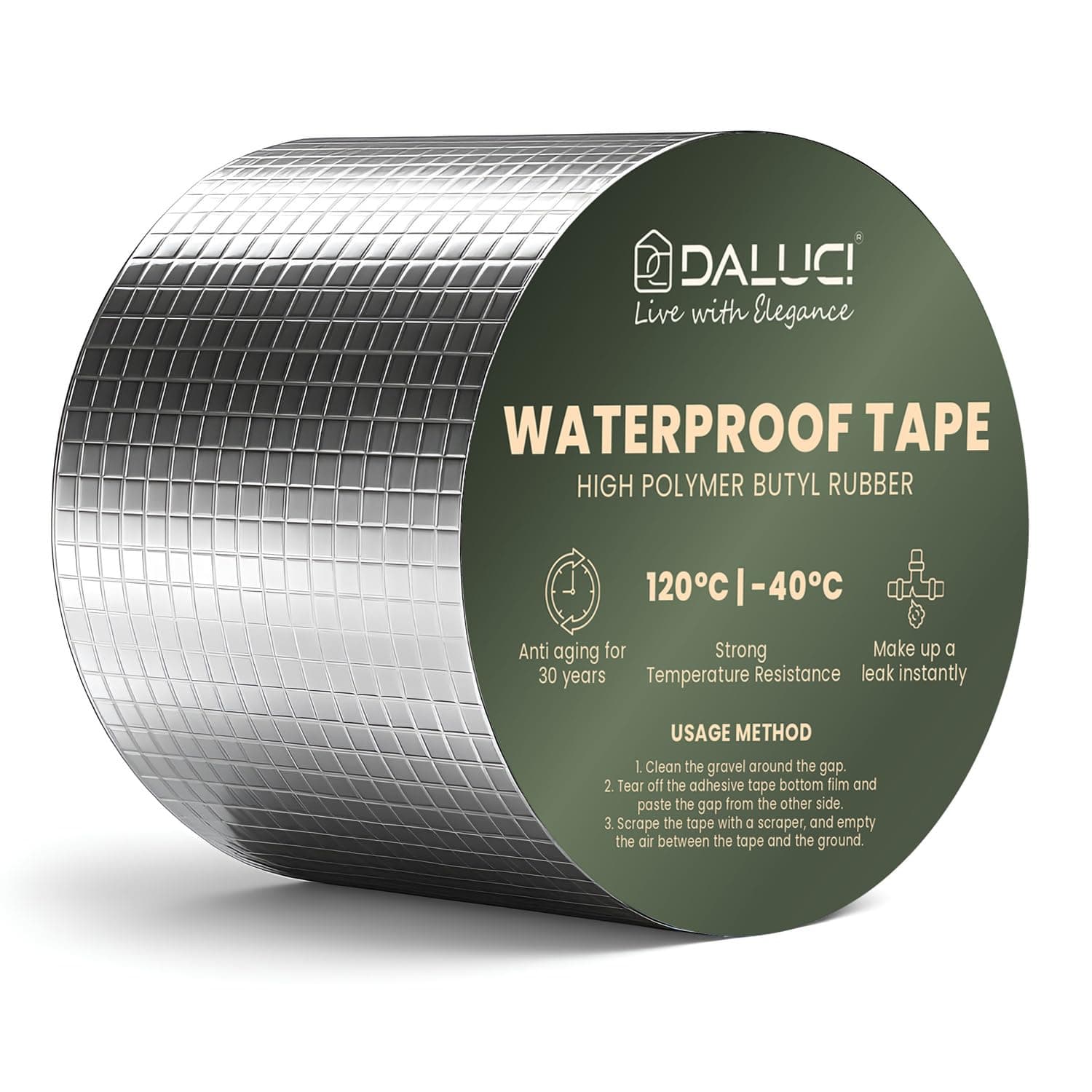DALUCI Waterproof Tape for Roof Leakage, Super Strong Self Adhesive Butyl Tape, Heavy Duty Aluminium Foil Waterproofing Tape for Water Tank, Pipe, Wall & Roof Crack Repair (Silver, 4 Inch (10CM*5M))