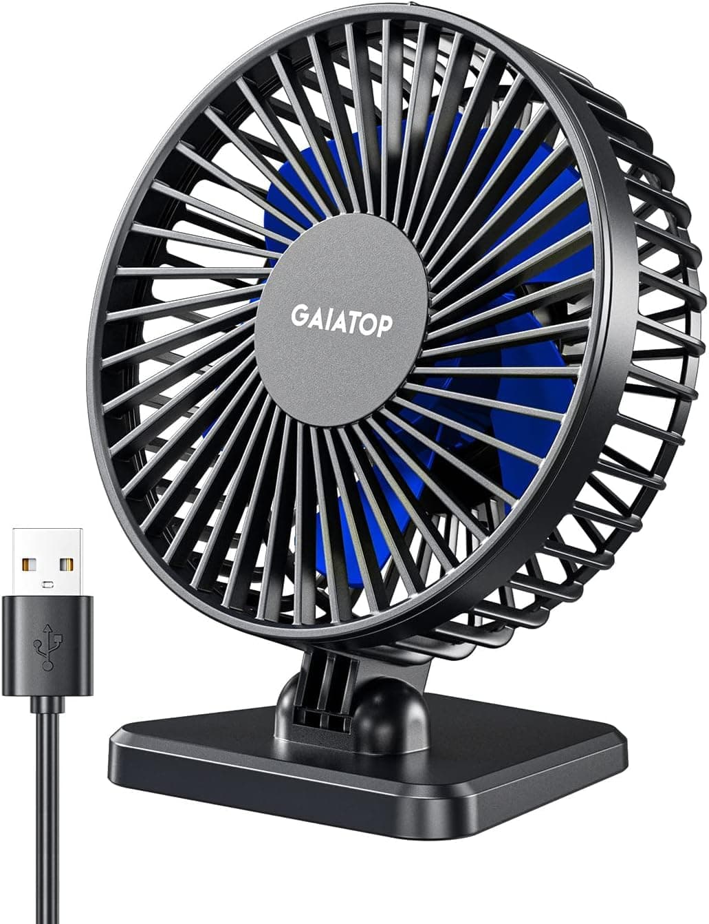 Gaiatop Small Desk Fan, 4.5 Inch Portable 3 Speeds Wind Desktop Table Cooling Fan in Single Button, Adjustment Mini Personal Fan for Home Desktop Office Car Outdoor, Black Blue (Not Battery)
