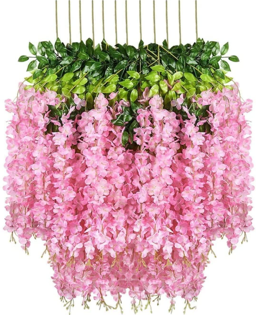 VRB Dec Pack of 12 (43.2Ft) Artificial Wisteria Vine| Ratta Fake Wisteria Hanging | Garland Silk Long Hanging Bush Flowers String for Home Party Wedding Decor (Dark Pink, 12)