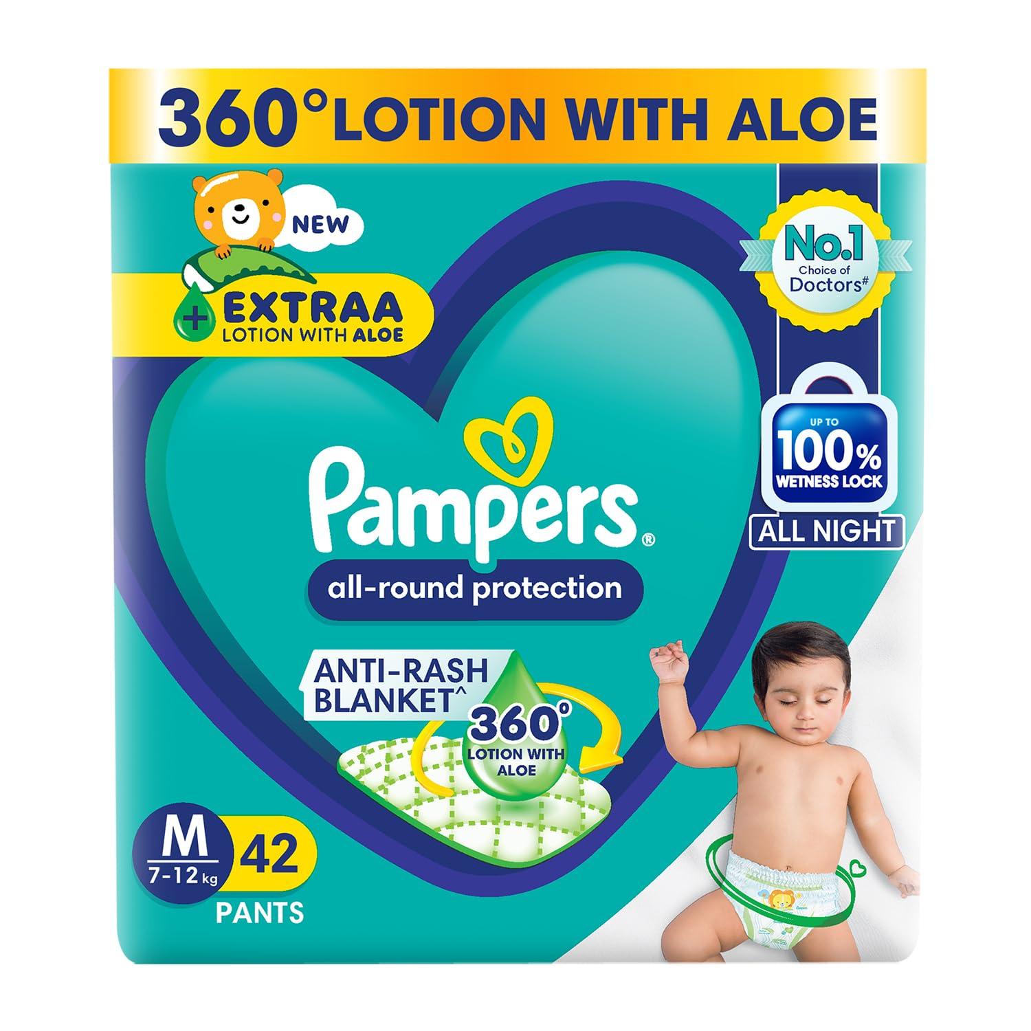 Pampers All Round Protection Pants Style Baby Diapers, Medium size (M) 42 Count, 7-12 kg, Anti-rash blanket, 360 degree Lotion with Aloe Vera