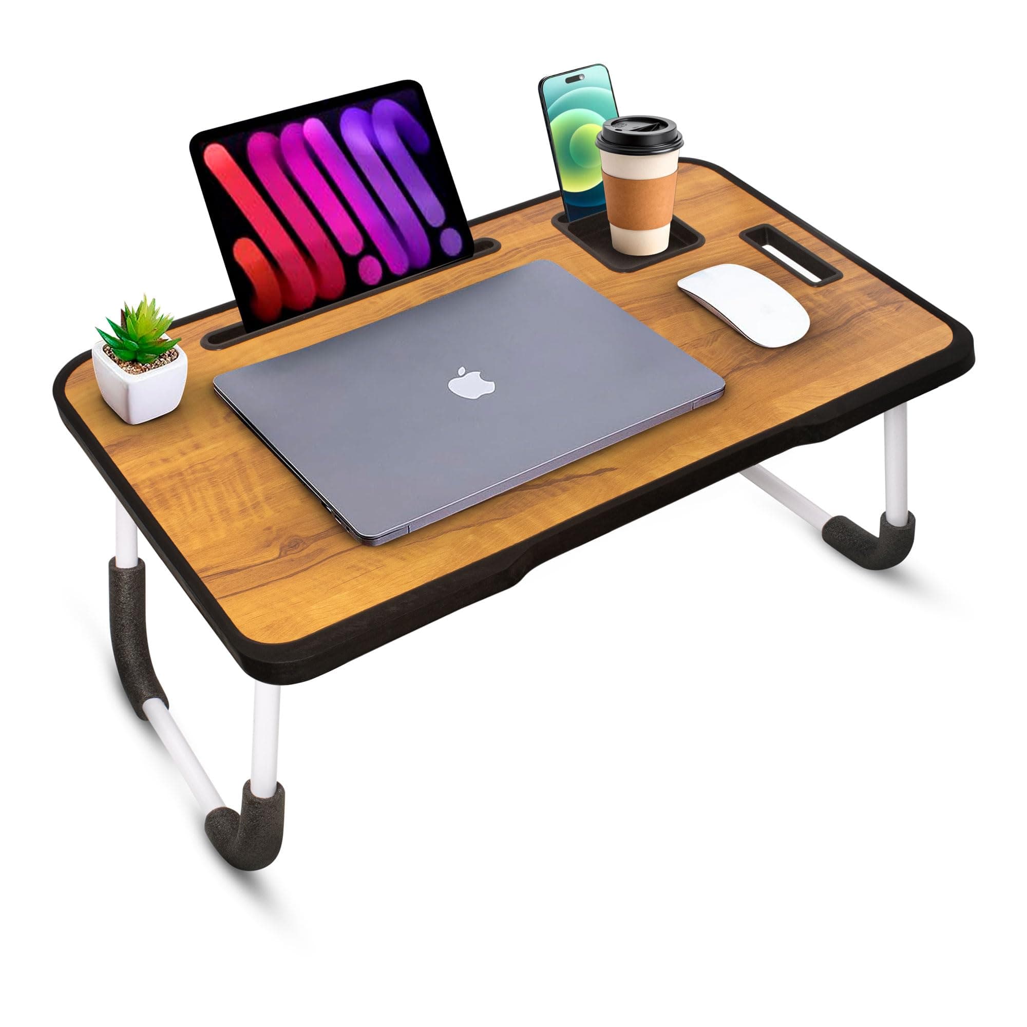 TEKCOOL Smart Multipurpose Foldable Laptop Table with Cup Holder, Study Table, Breakfast Tables, Foldable and Portable/Ergonomic & Rounded Edges/Non-Slip Legs (Wood NEW)'