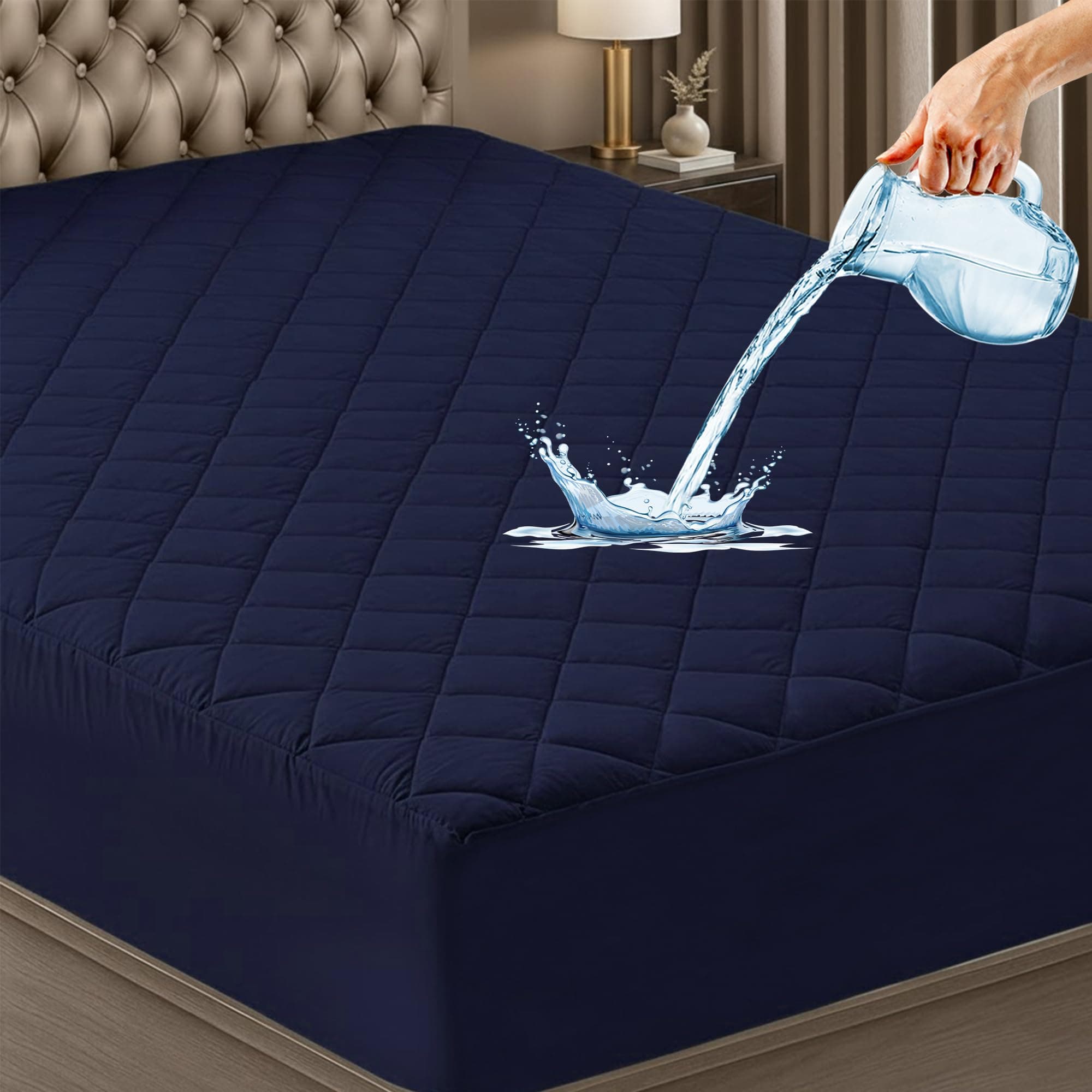 GADDA CO Waterproof Cotton Quilted Mattress Protector Queen Size (75x60 Inch | 6.25x5 Ft) | Breathable Hypoallergenic Noiseless Ultra Soft Elastic Fitted Bed Protector | Washable Bed Cover -Dark Blue