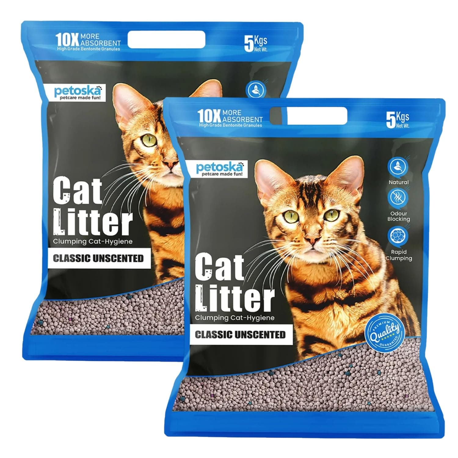 Petoska Cat Litter 10kg | 100% Natural Bentonite Clay | Rapid Clumping, Odour Lock, Low Dust, Gentle on Paws | Premium Absorbent Cat Litter for All Breeds | Pack of 2